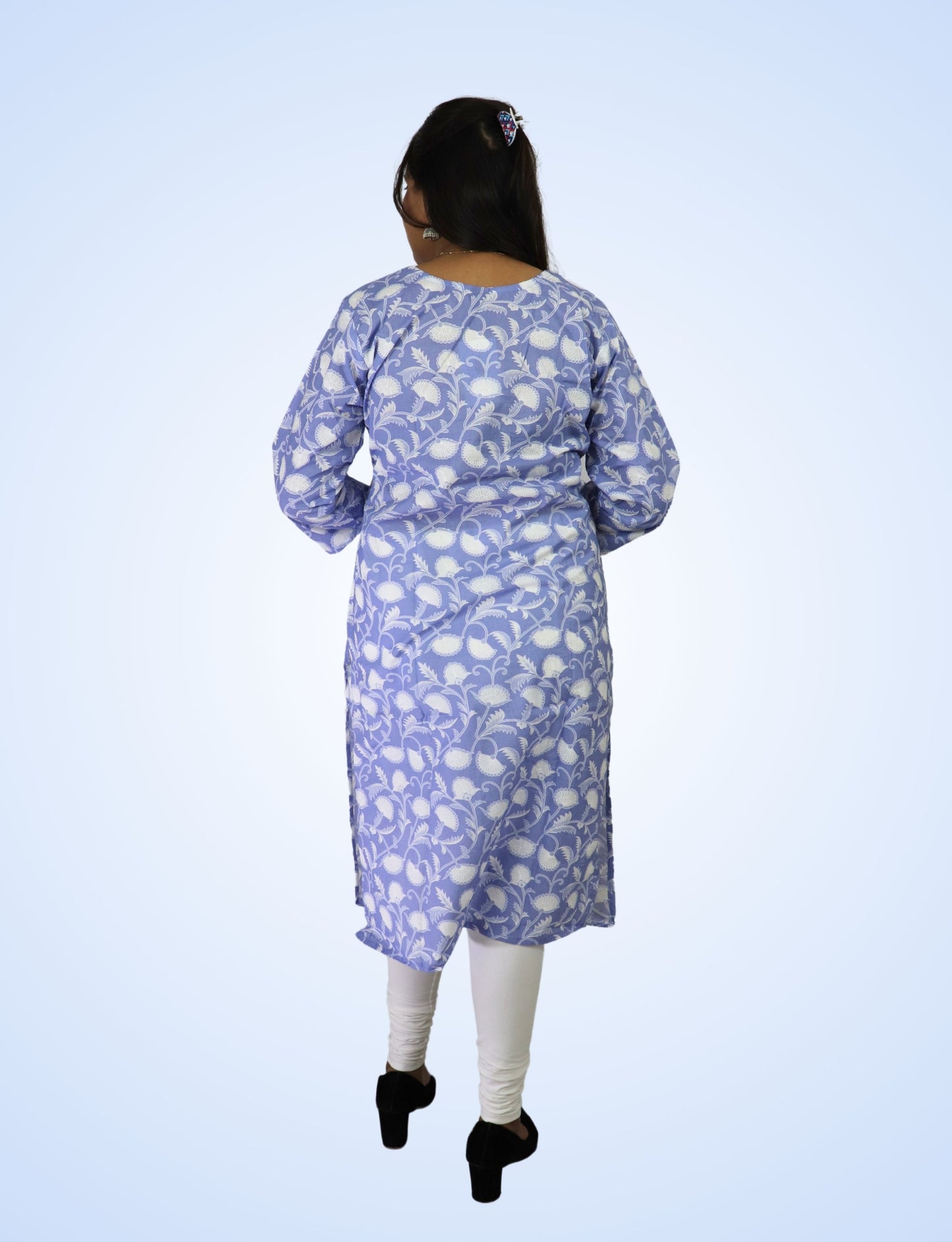 Vedickulture Floral Print Cotton Kurti, V-Neck, 3/4 Sleeve, Light Blue and White, Casual Wear