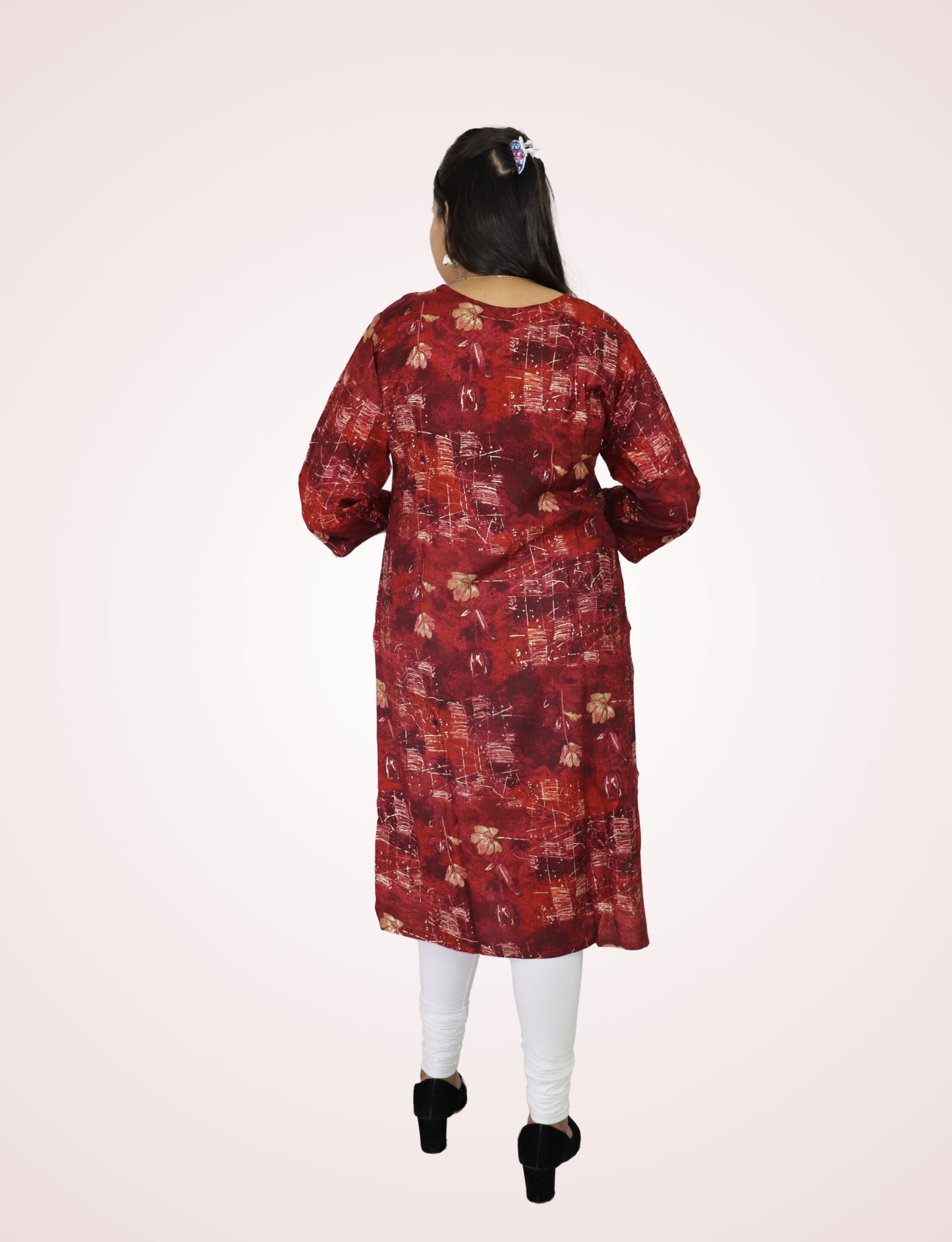 Women's Maroon Floral Print Cotton Kurti with Button Detail, 3/4 Sleeves