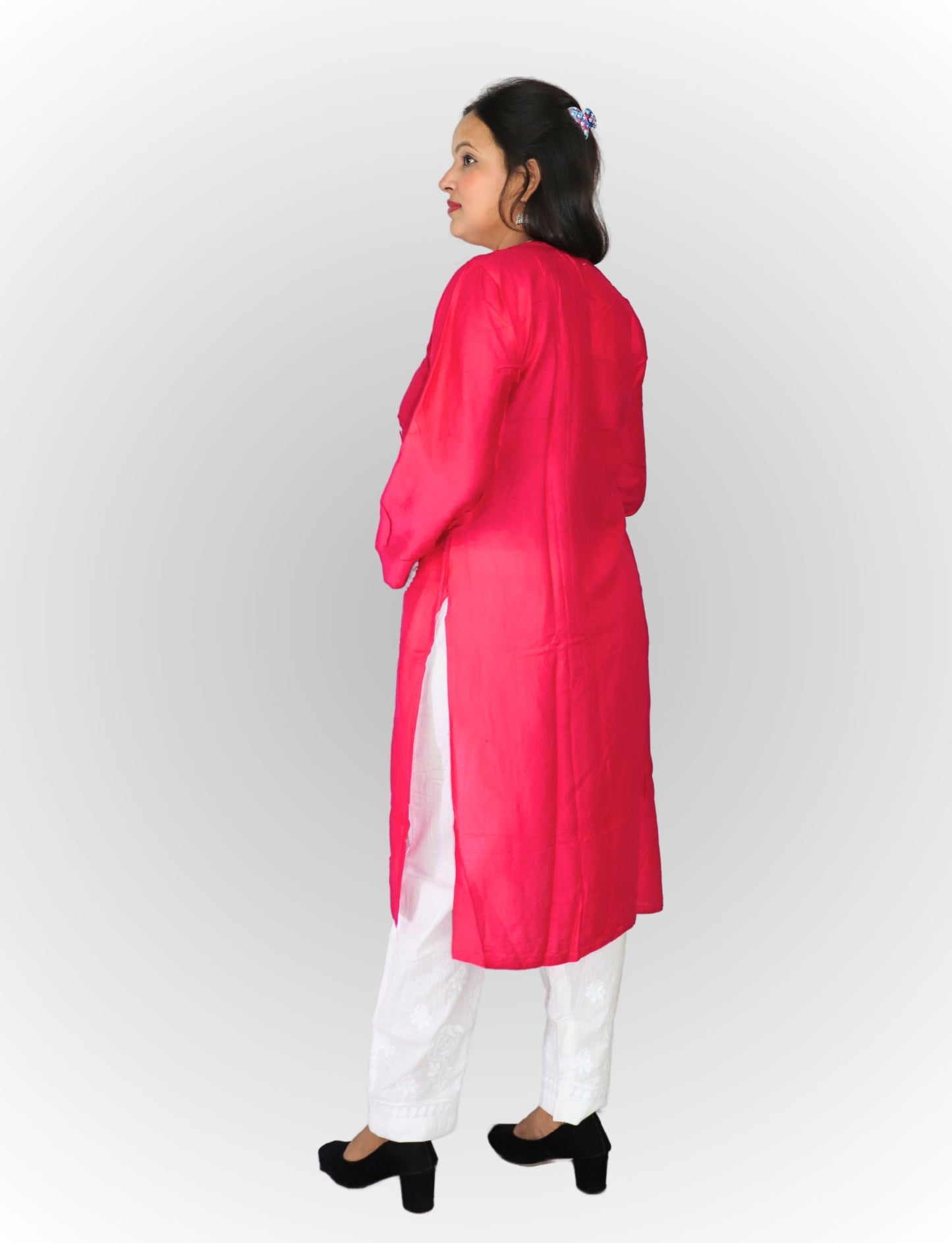 Traditional Embroidered Cotton Kurti, Pink with Floral Design, Long Sleeves