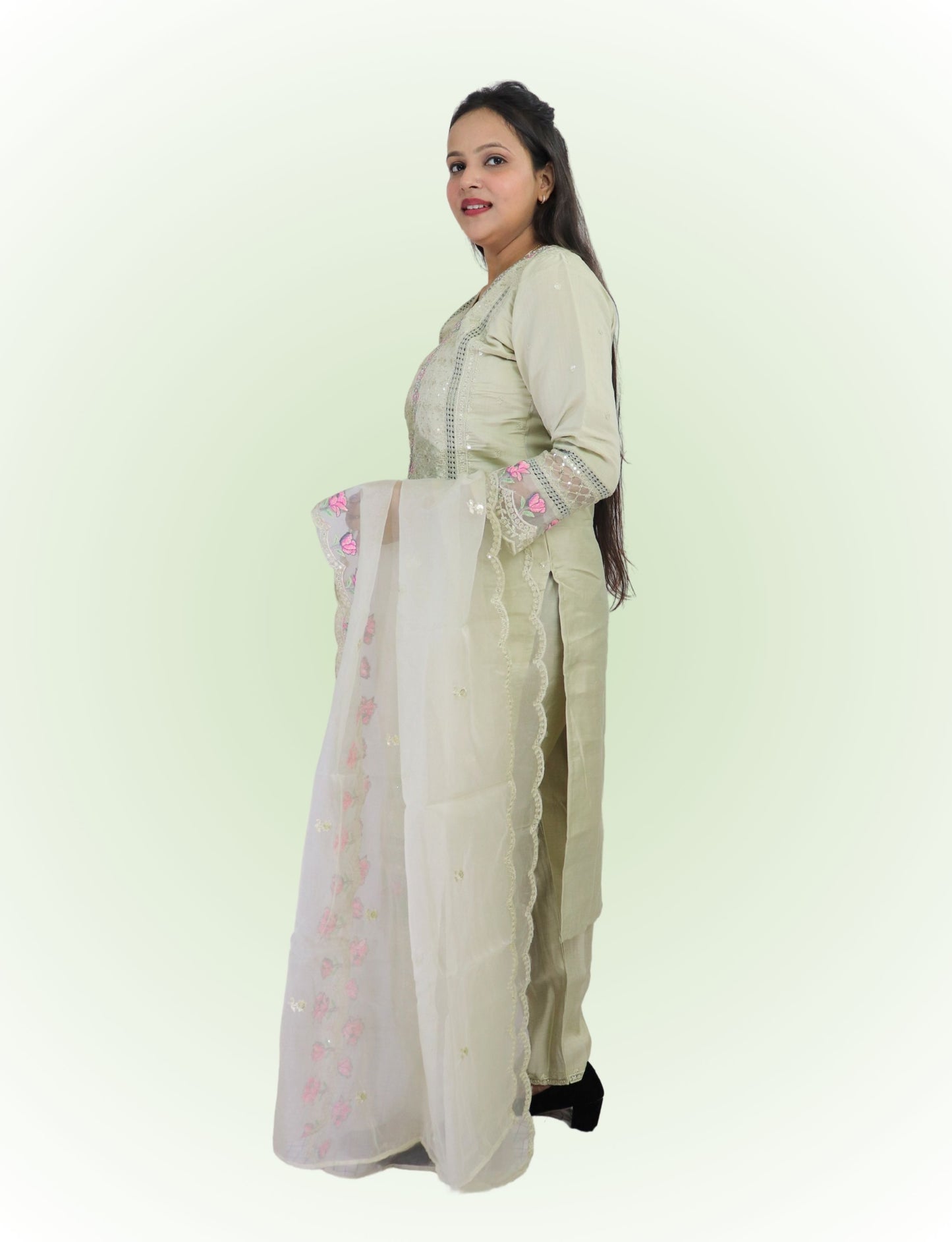 Women's Embroidered Cotton Salwar Suit Set, Light Sage Green with Pink Floral Work, 3 Piece
