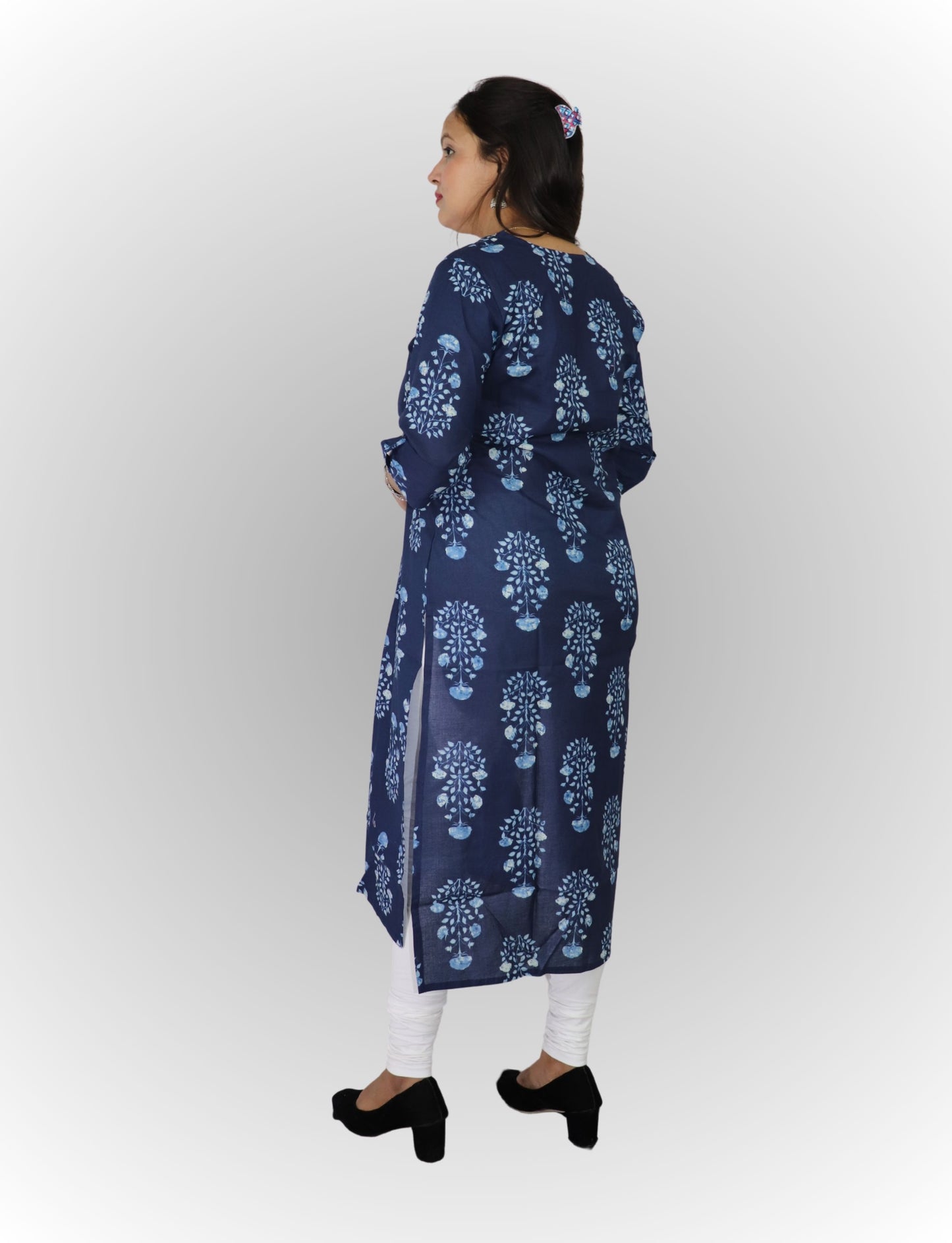 Vedickulture Women's Floral Print Cotton Kurti, Navy Blue with Light Blue Pattern, 3/4 Sleeves, Button Front Search this page
