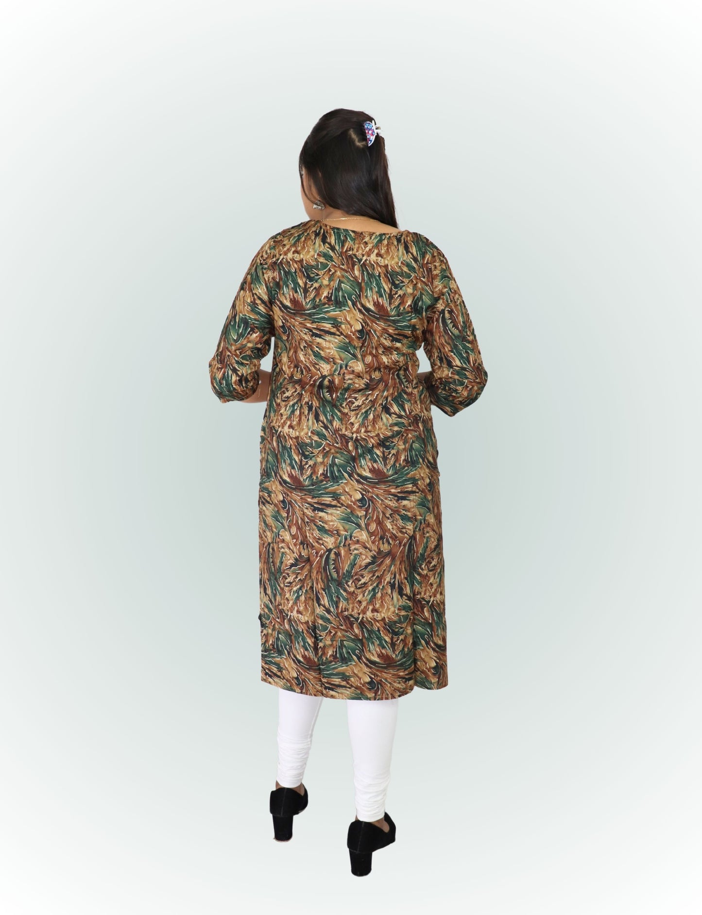 Women's Printed Cotton Kurti, 3/4 Sleeve, Brown and Green Leaf Pattern, Casual Wear