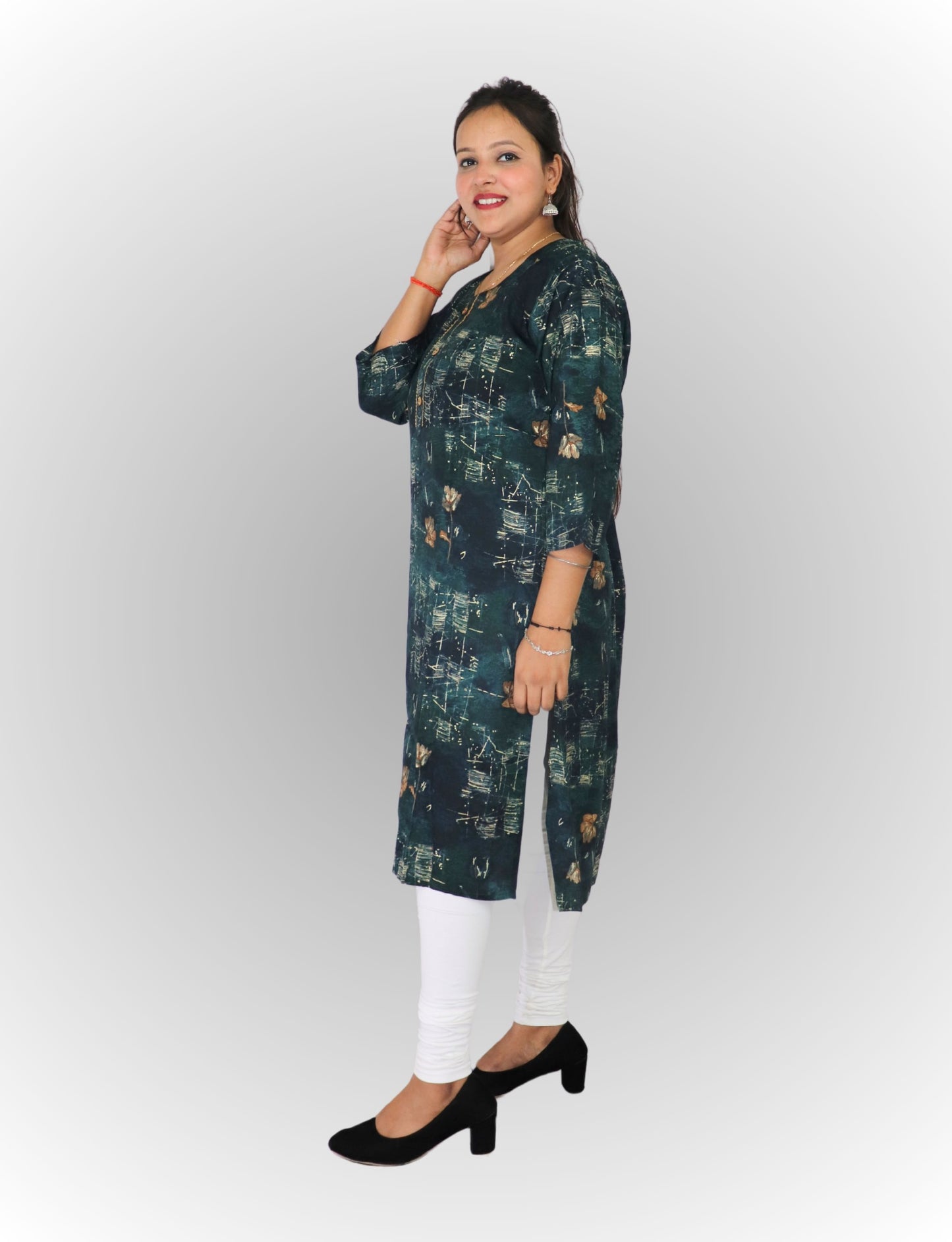 Floral Print Cotton Kurti, Dark Green, 3/4 Sleeve, Button Front, Casual Wear