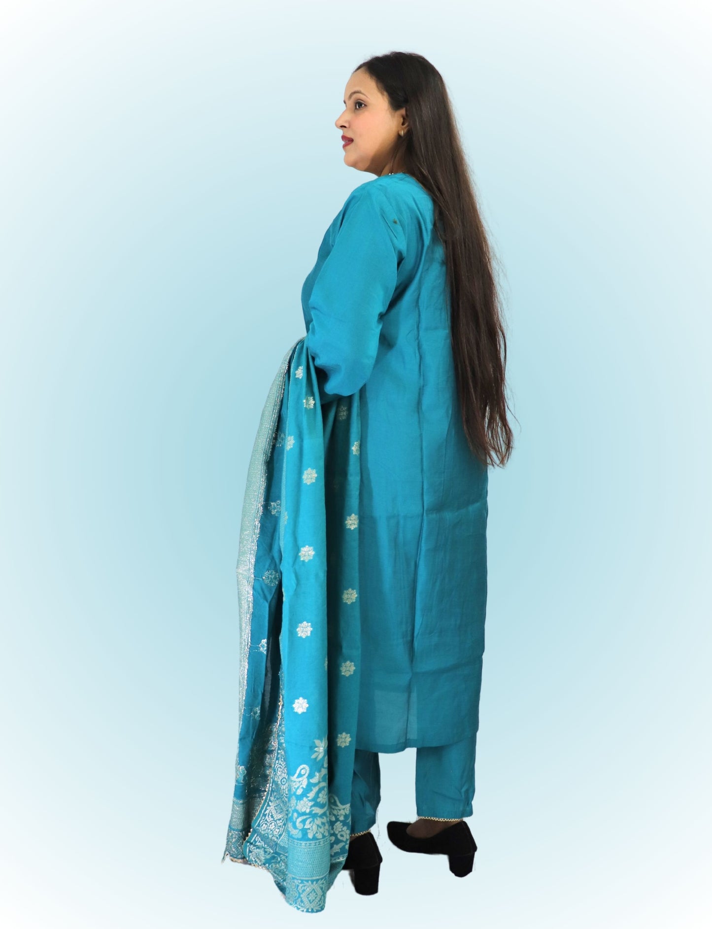 Traditional Turquoise Cotton blend with silk Salwar Suit with Embroidered Dupatta, Full Length