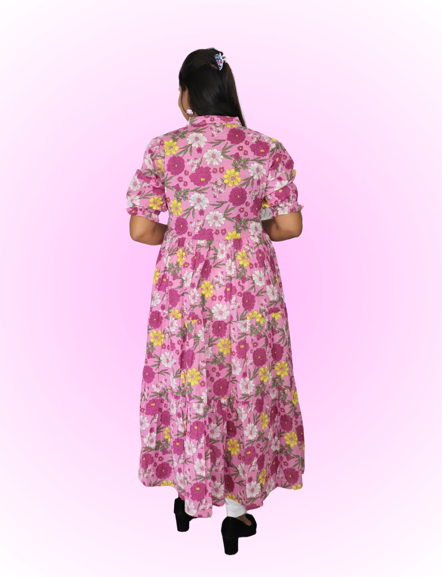 Floral Anarkali Kurti with Puff Sleeves, Pink Floral Print, Mandarin Collar, Tiered Design