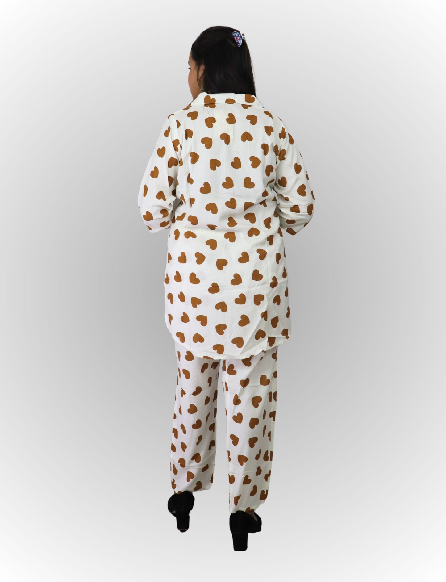 Women's Heart Print Cotton Co-ord Set, White with Brown Hearts, 3/4 Sleeve Top and Pants