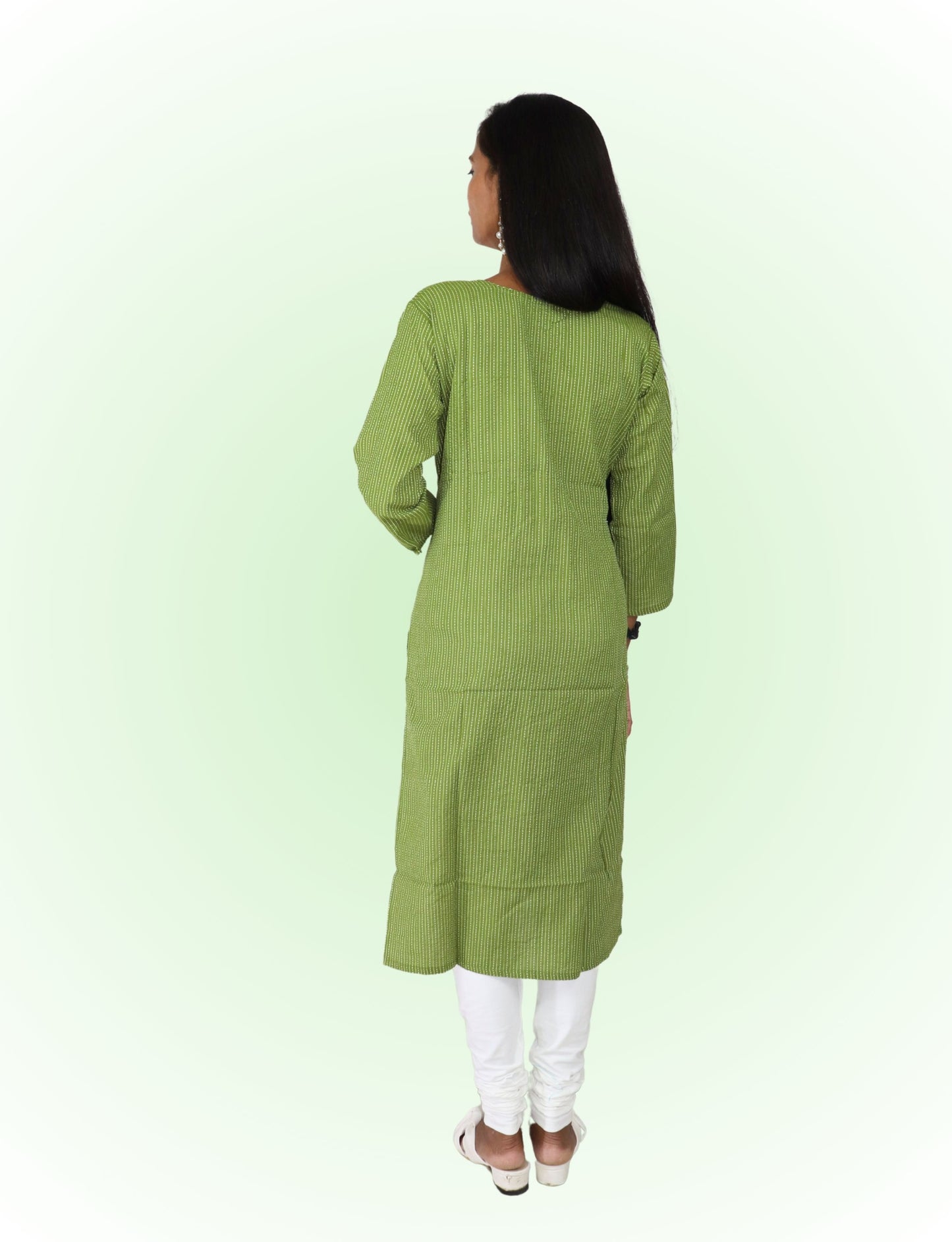 Vedickulture Women's Cotton Kurta with White Trim, Long Sleeve, Green Striped Pattern