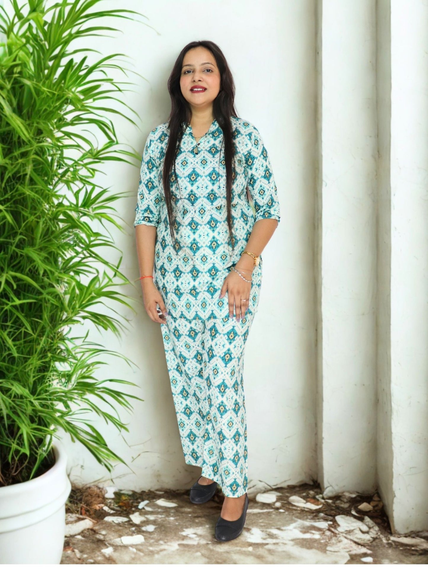 Women's Printed Rayon Night Wear Top and Bottom Night Suit Set