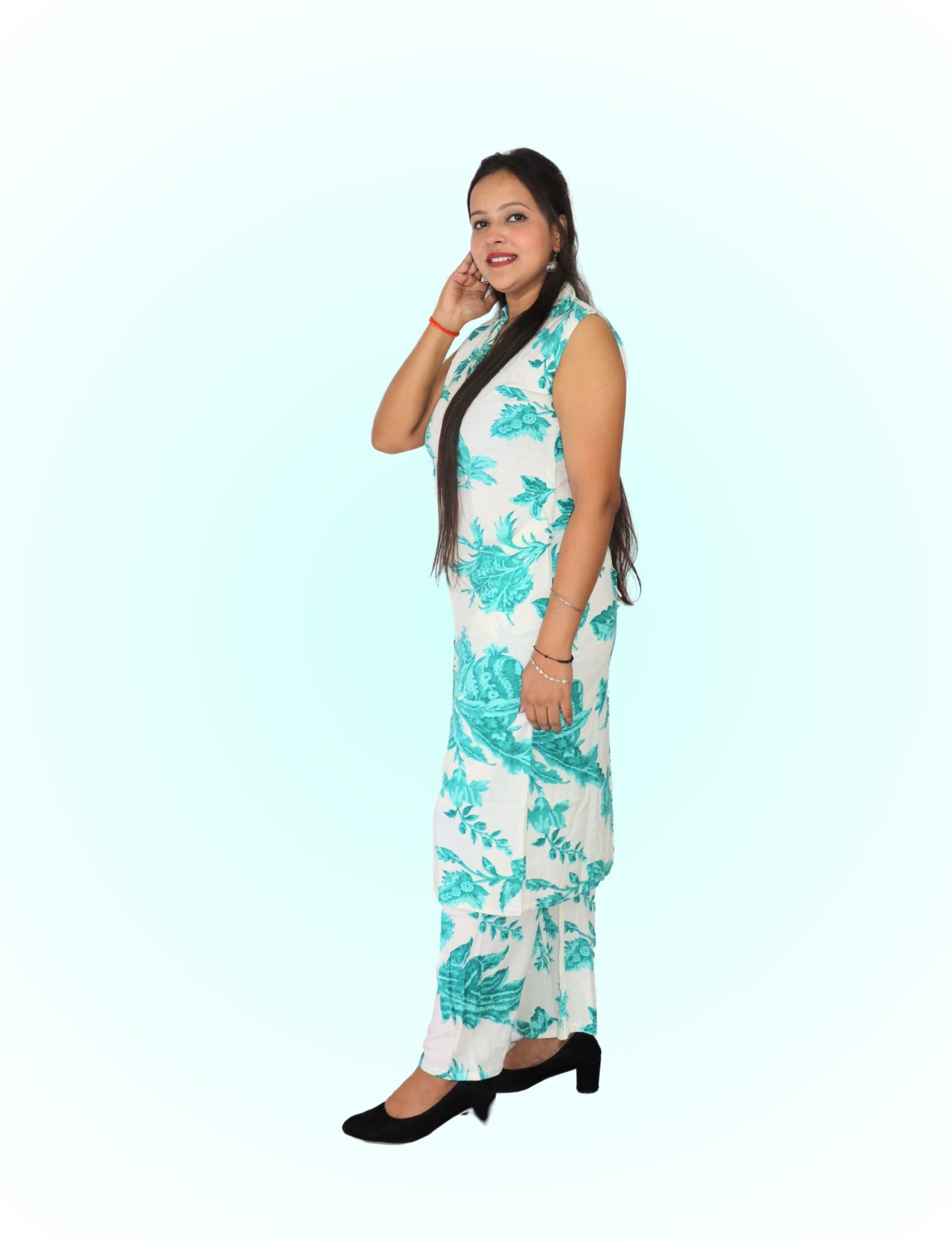 Women's Floral Print Sleeveless Co-ord Set, White and Turquoise, Cotton Blend
