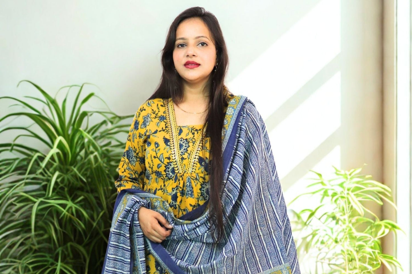 Women Block Printed Anarkali Kurta And Pant Set With Dupatta