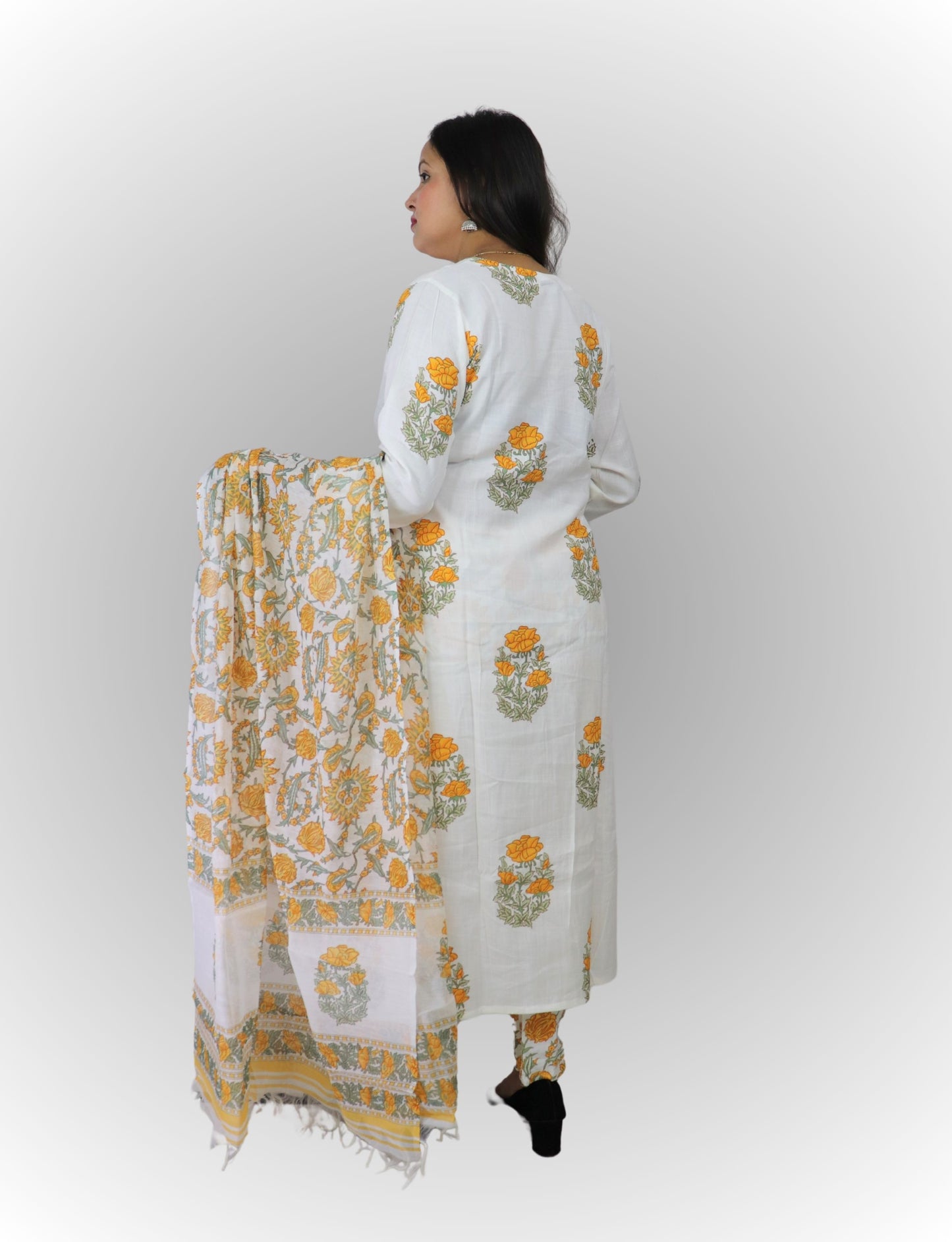 Women's White Cotton Kurta Set with Yellow Floral Print, Traditional Dupatta