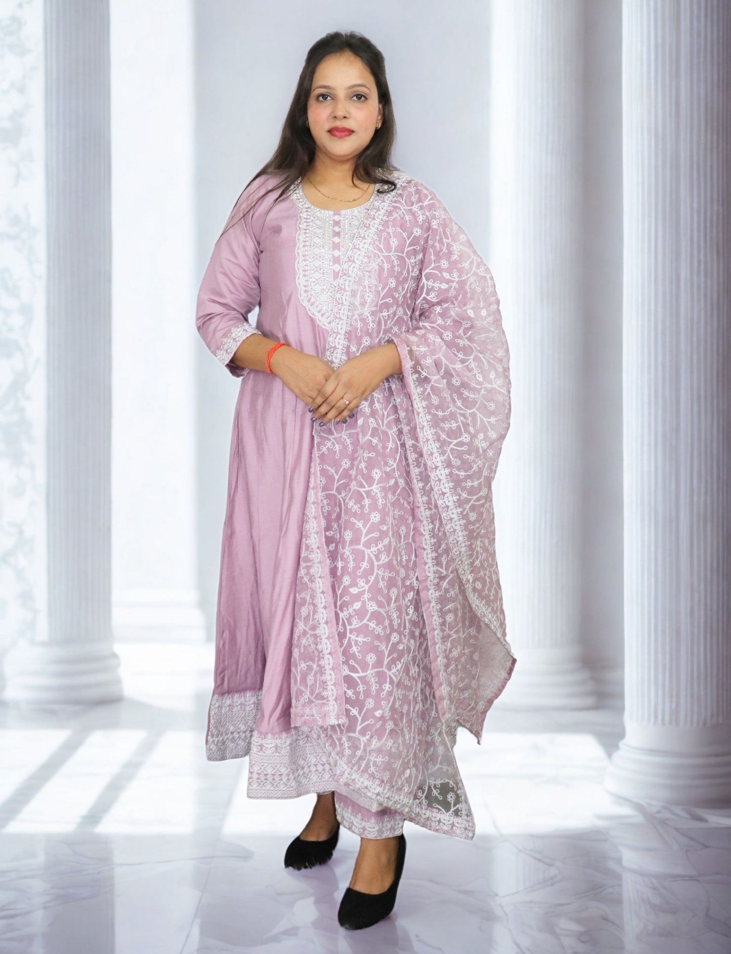 Traditional Embroidered Cotton Anarkali Suit Set, Lilac Purple with White Thread Work, 3 Piece