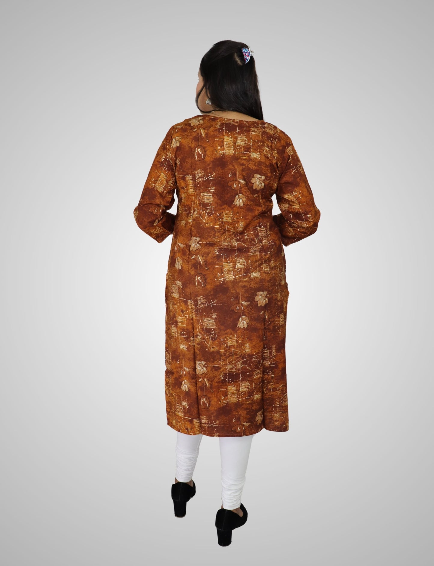 Women's Brown Floral Print Cotton Kurti, 3/4 Sleeve, Button Front, Casual Wear