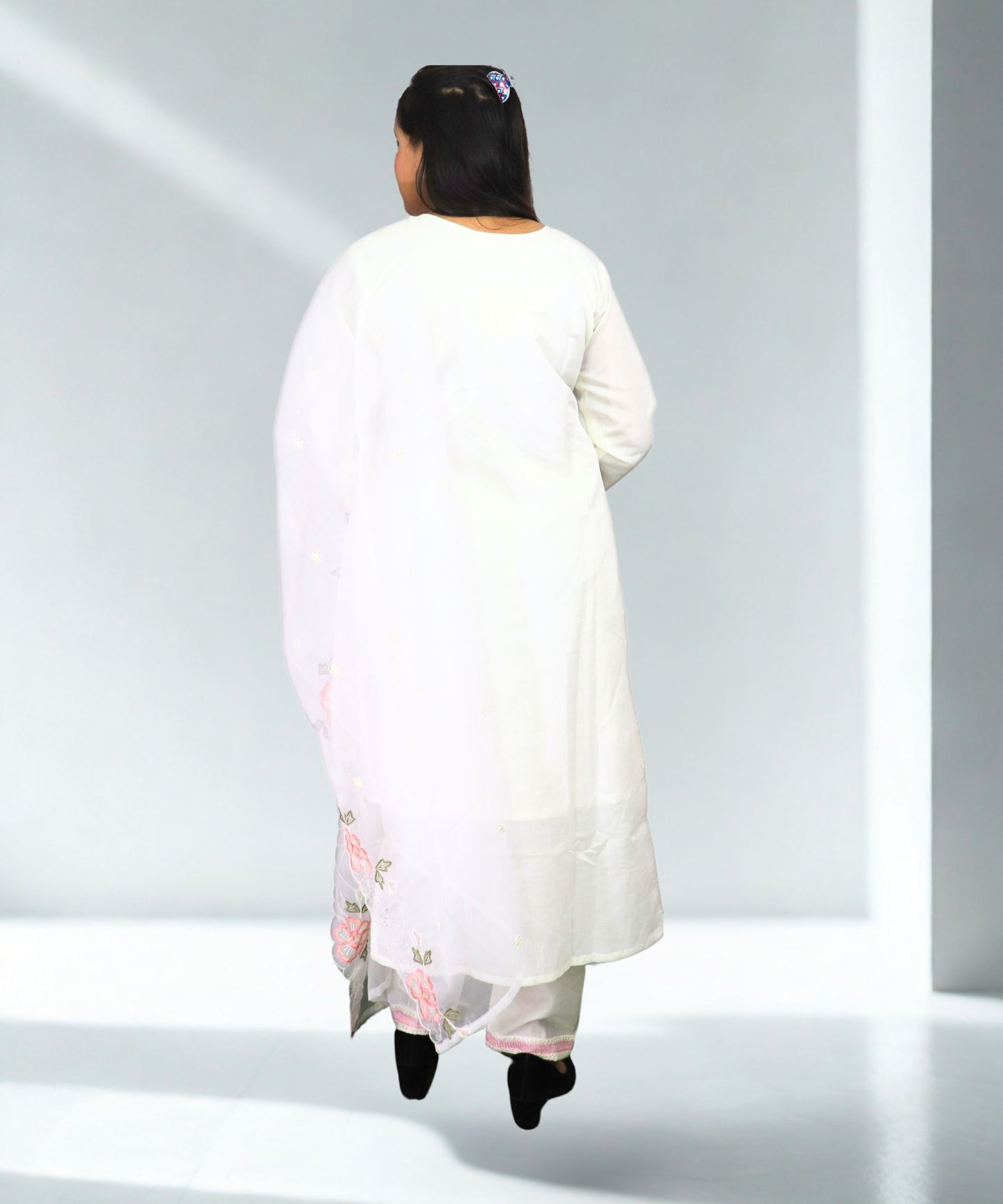 Women's White Cotton Salwar Suit Set with Pink Floral Embroidery, Traditional Indian Kurta with Dupatta