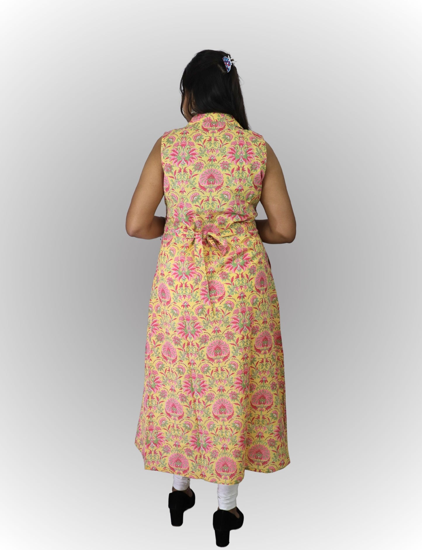 Vedickulture Floral Print Sleeveless Long A-line Kurta, Yellow and Pink, Collared Neck with Belt
