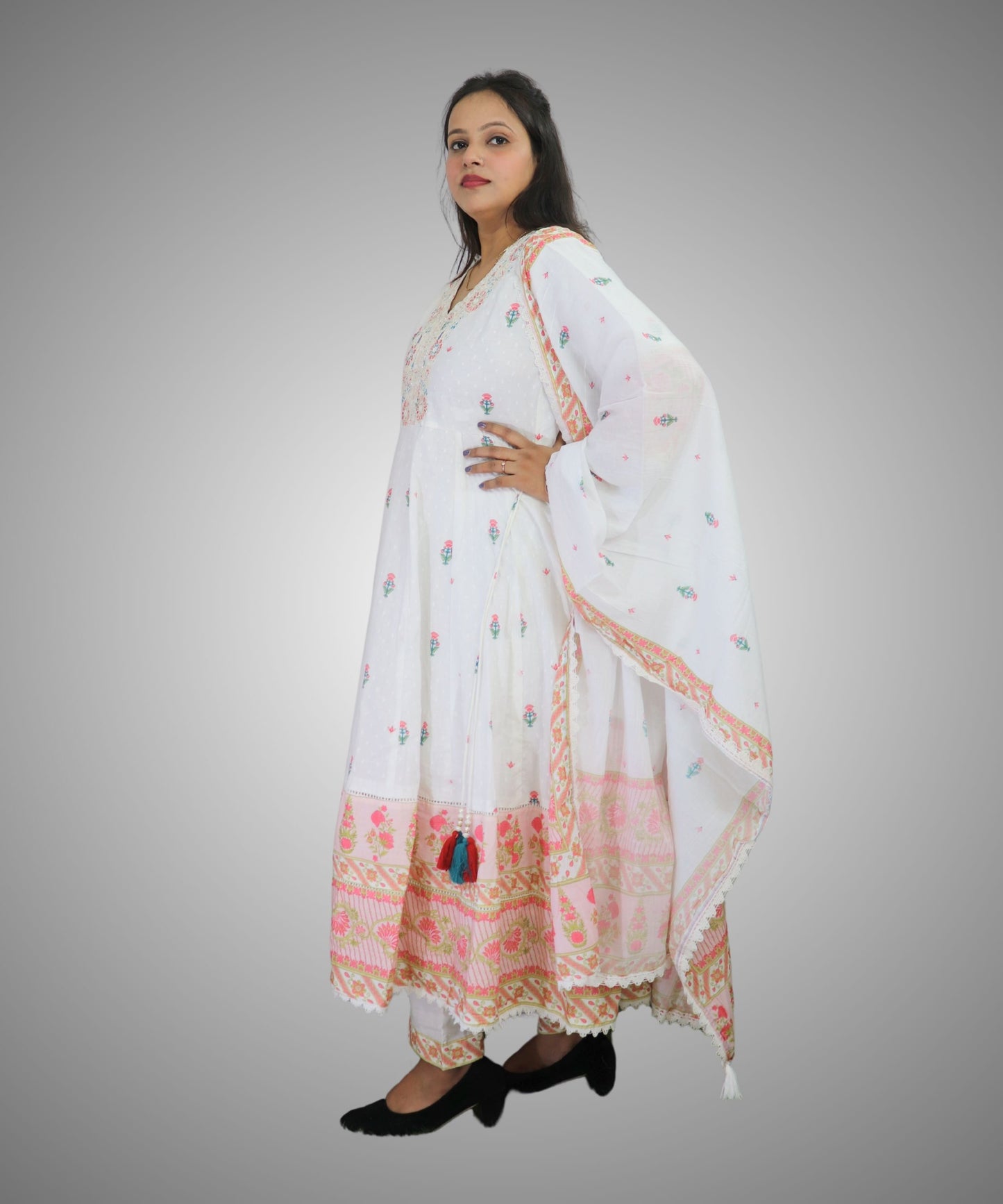 Vedickulture White Cotton Anarkali Suit with Floral Embroidery for Women, Evening wear, 3/4 Sleeves, Dupatta and Pants Set