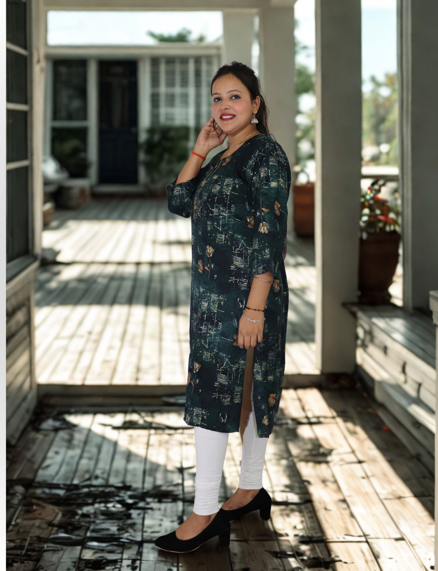 Floral Print Cotton Kurti, Dark Green, 3/4 Sleeve, Button Front, Casual Wear