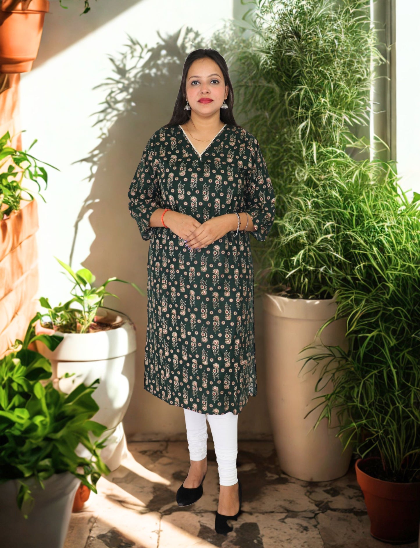 Vedickulture Women's Casual Floral Print Kurta, Dark Green with Paisley Pattern, V-Neck, 3/4 Sleeve