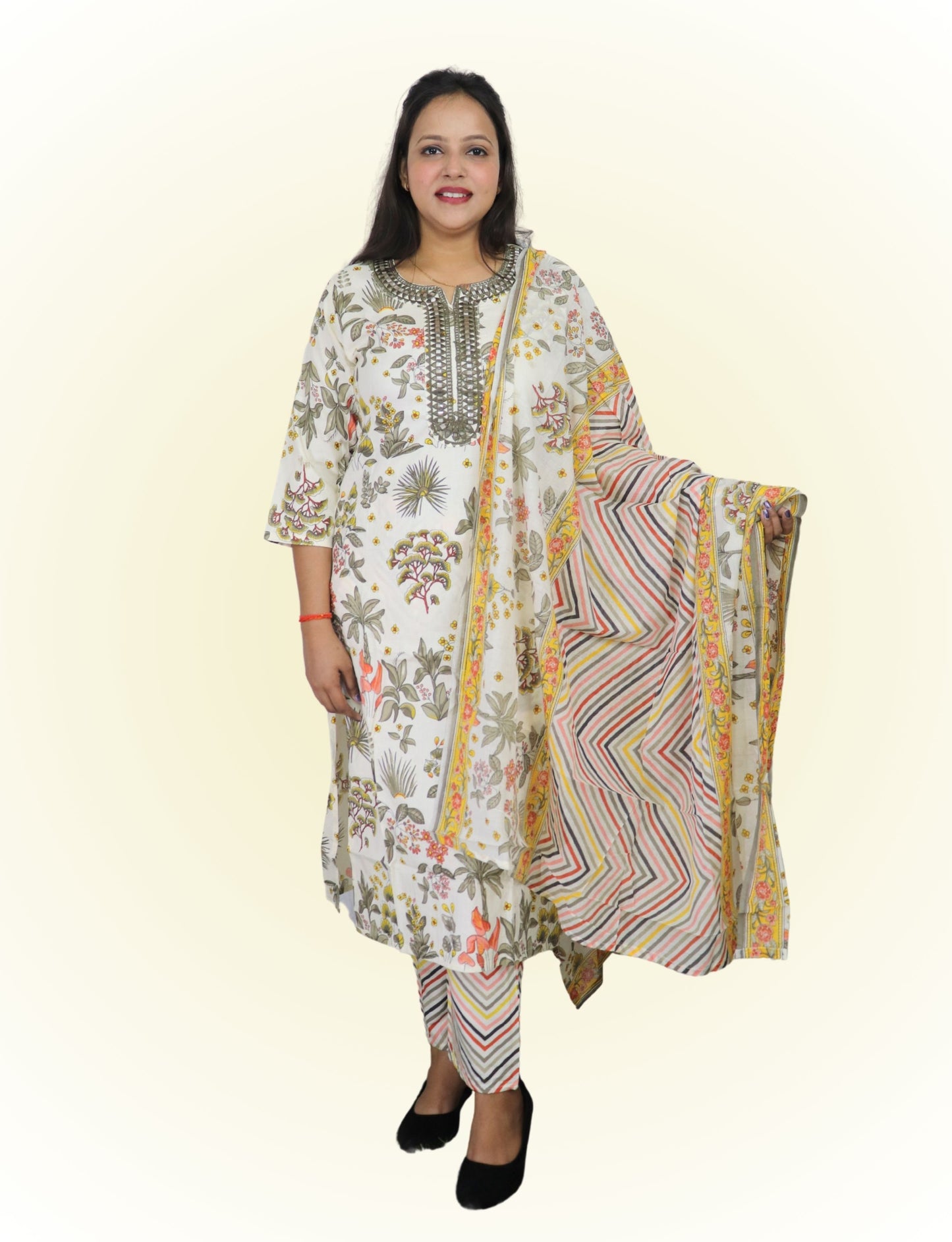 Women's Floral Print Cotton Salwar Suit Set with Embellished Neckline, 3/4 Sleeves, Chevron Dupatta, White and Multicolor