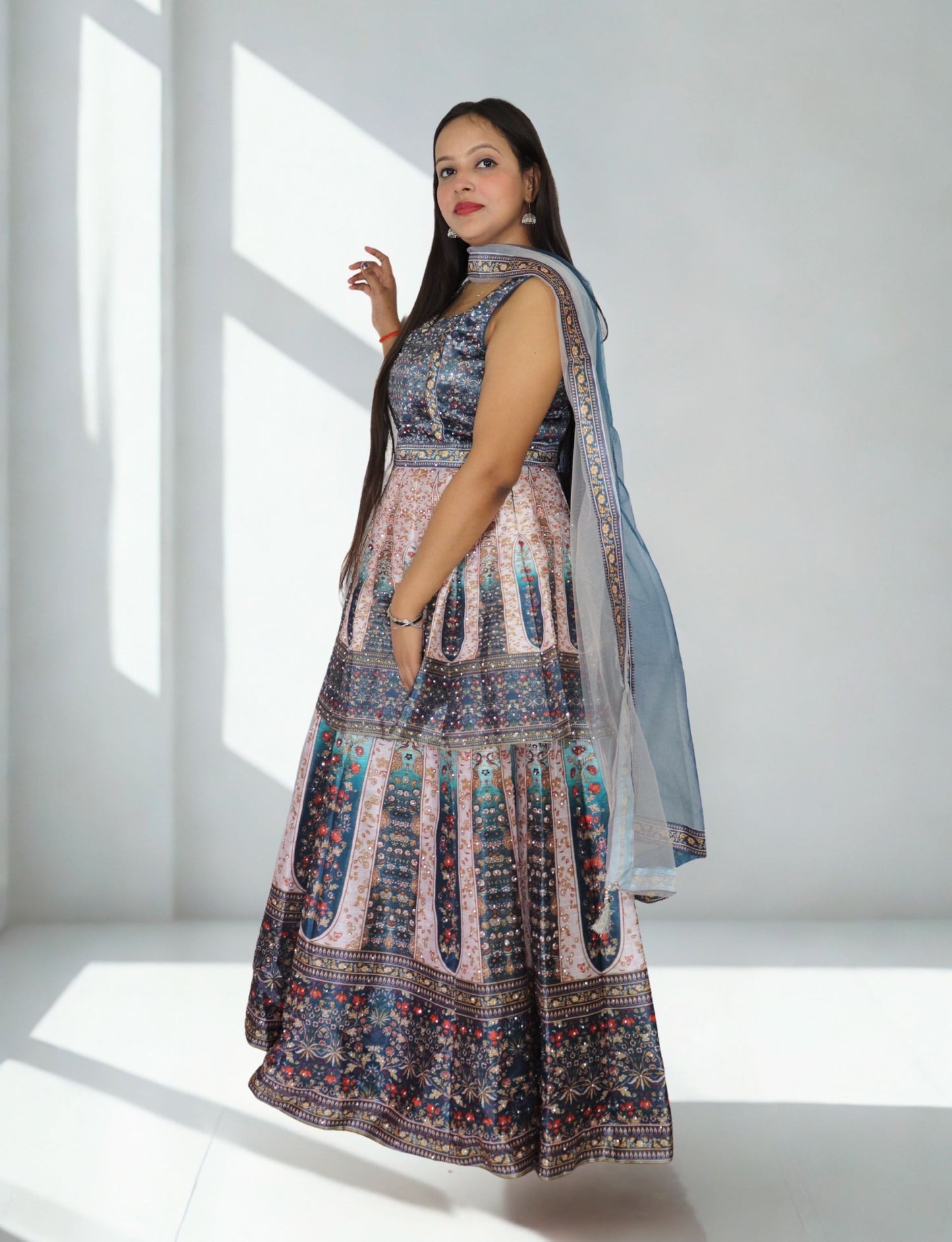 Lehenga Choli Set with Floral Print, Blue and White Embroidered, Net Dupatta