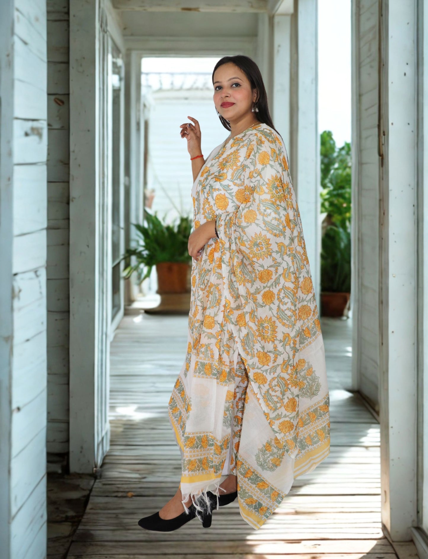 Women's White Cotton Kurta Set with Yellow Floral Print, Traditional Dupatta