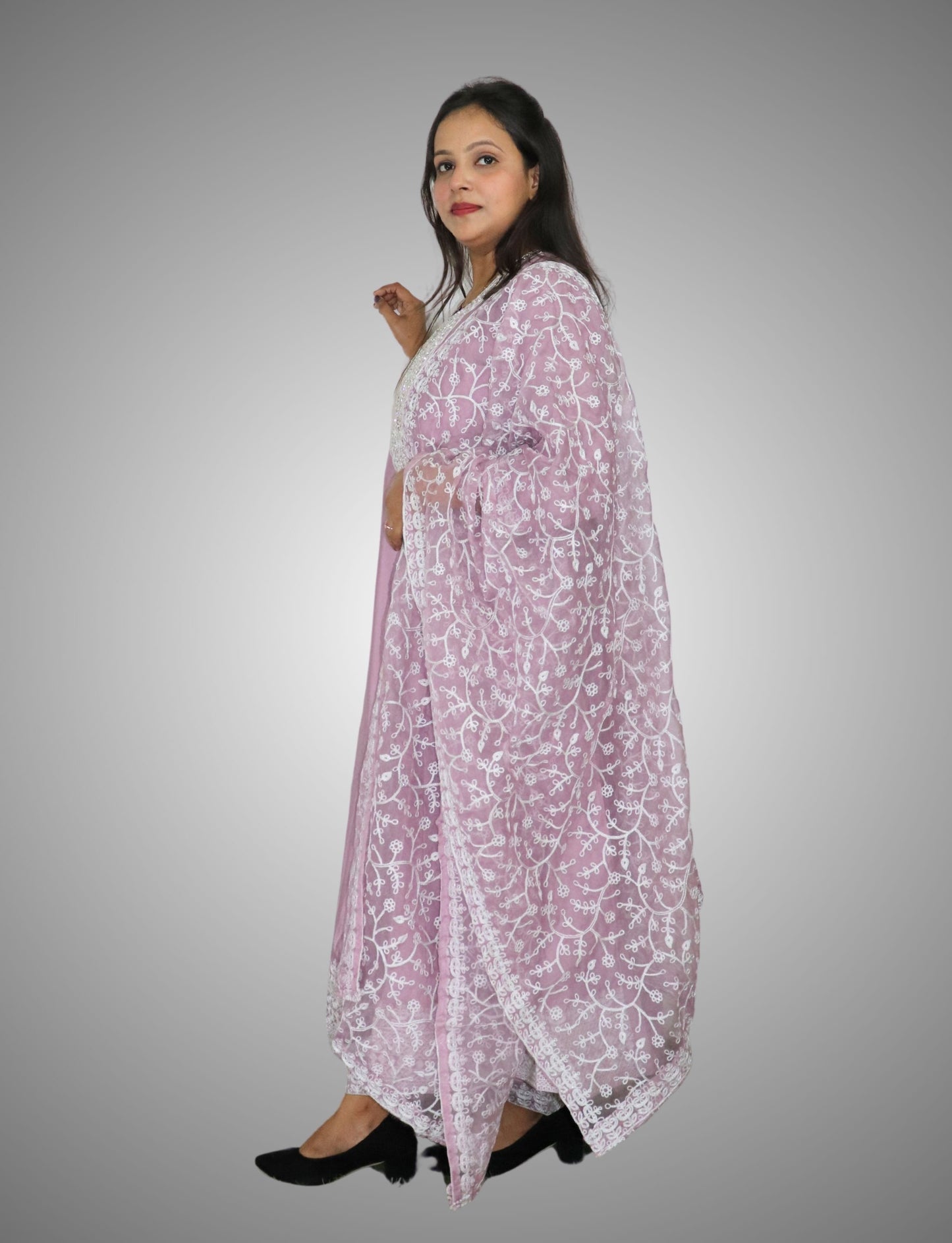 Traditional Embroidered Cotton Anarkali Suit Set, Lilac Purple with White Thread Work, 3 Piece
