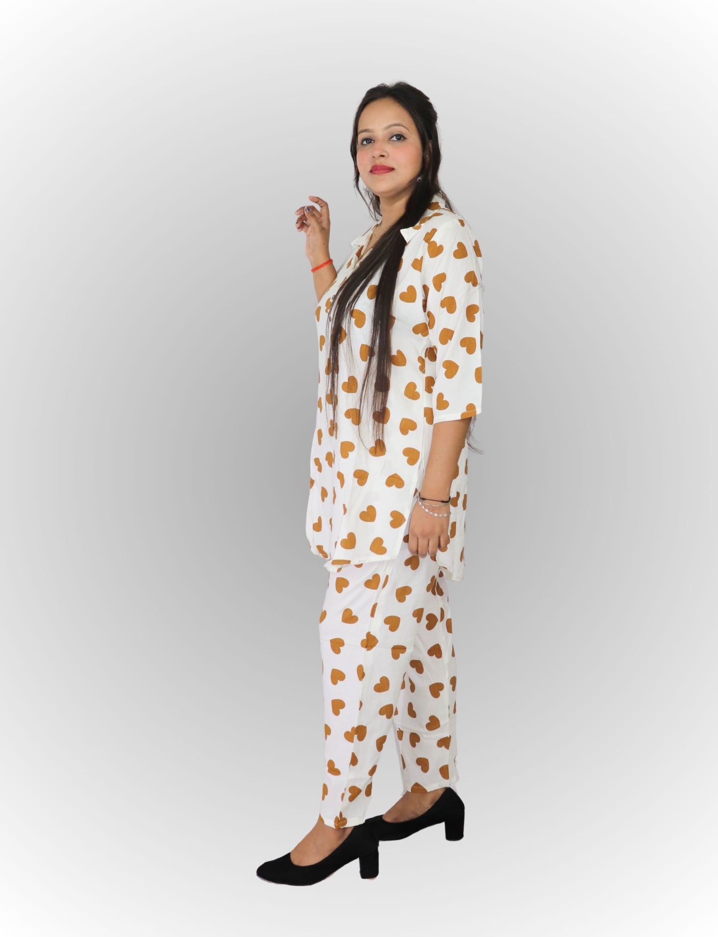 Women's Heart Print Cotton Co-ord Set, White with Brown Hearts, 3/4 Sleeve Top and Pants
