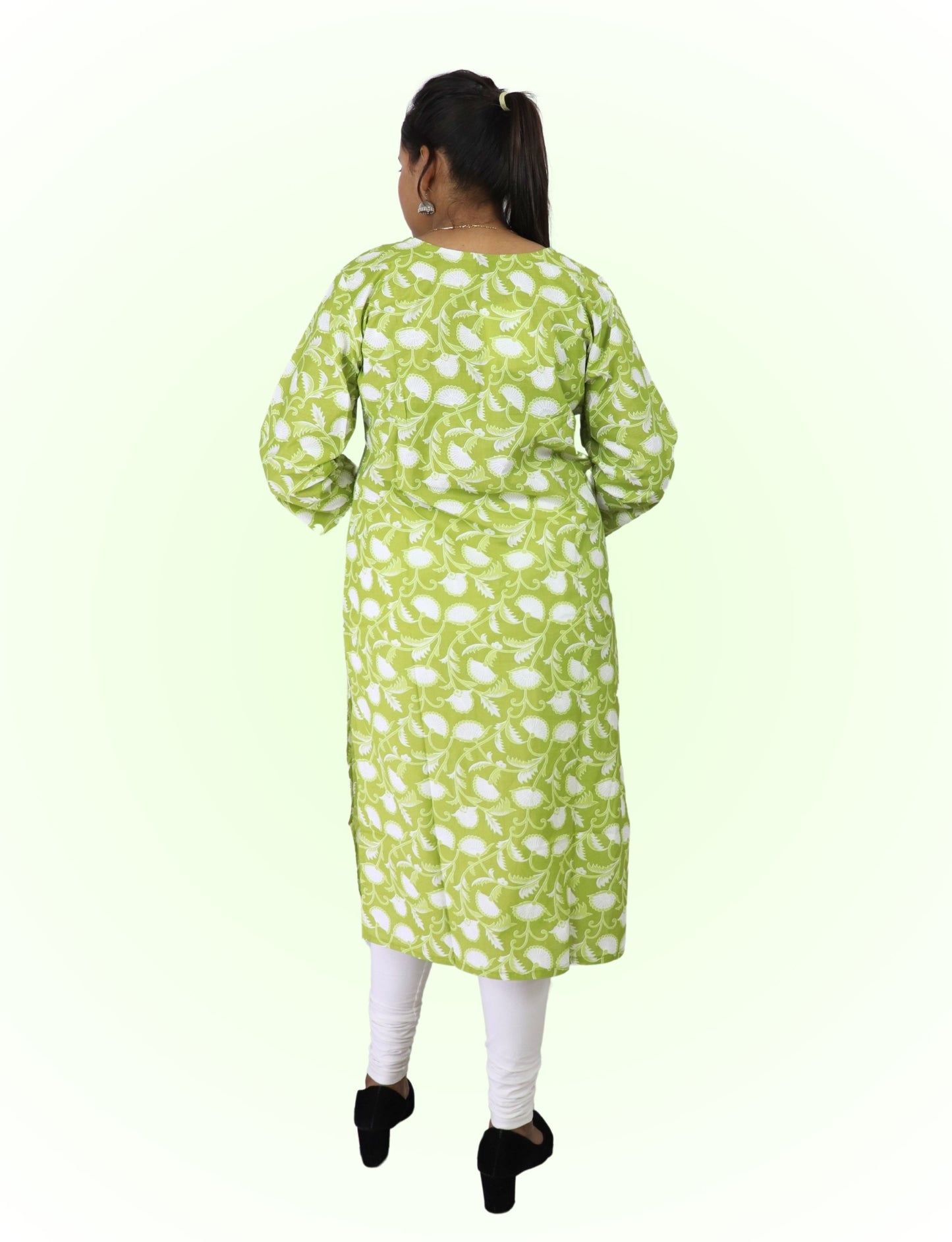 Vedickulture Floral Print Cotton Kurti, V-Neck, Long Sleeve, Lime Green and White, Casual Wear