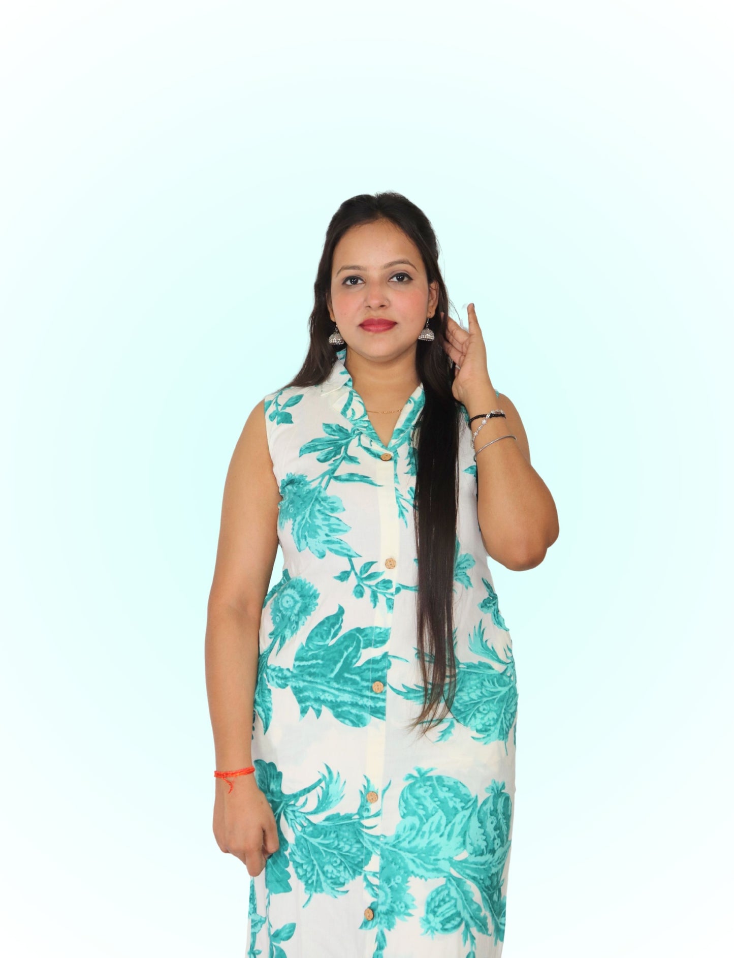 Women's Floral Print Sleeveless Co-ord Set, White and Turquoise, Cotton Blend