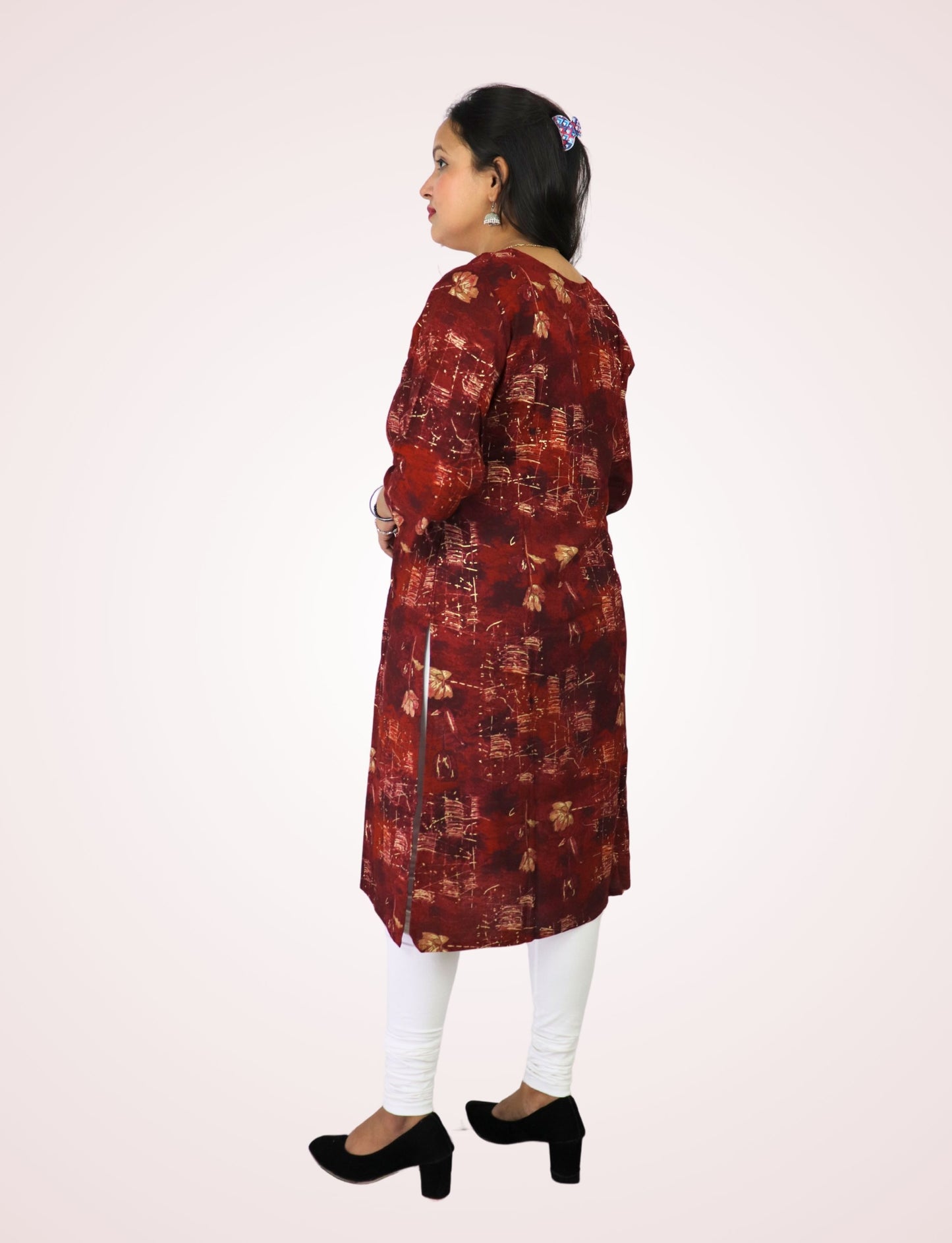 Women's Maroon Floral Print Cotton Kurti with Button Detail, 3/4 Sleeves
