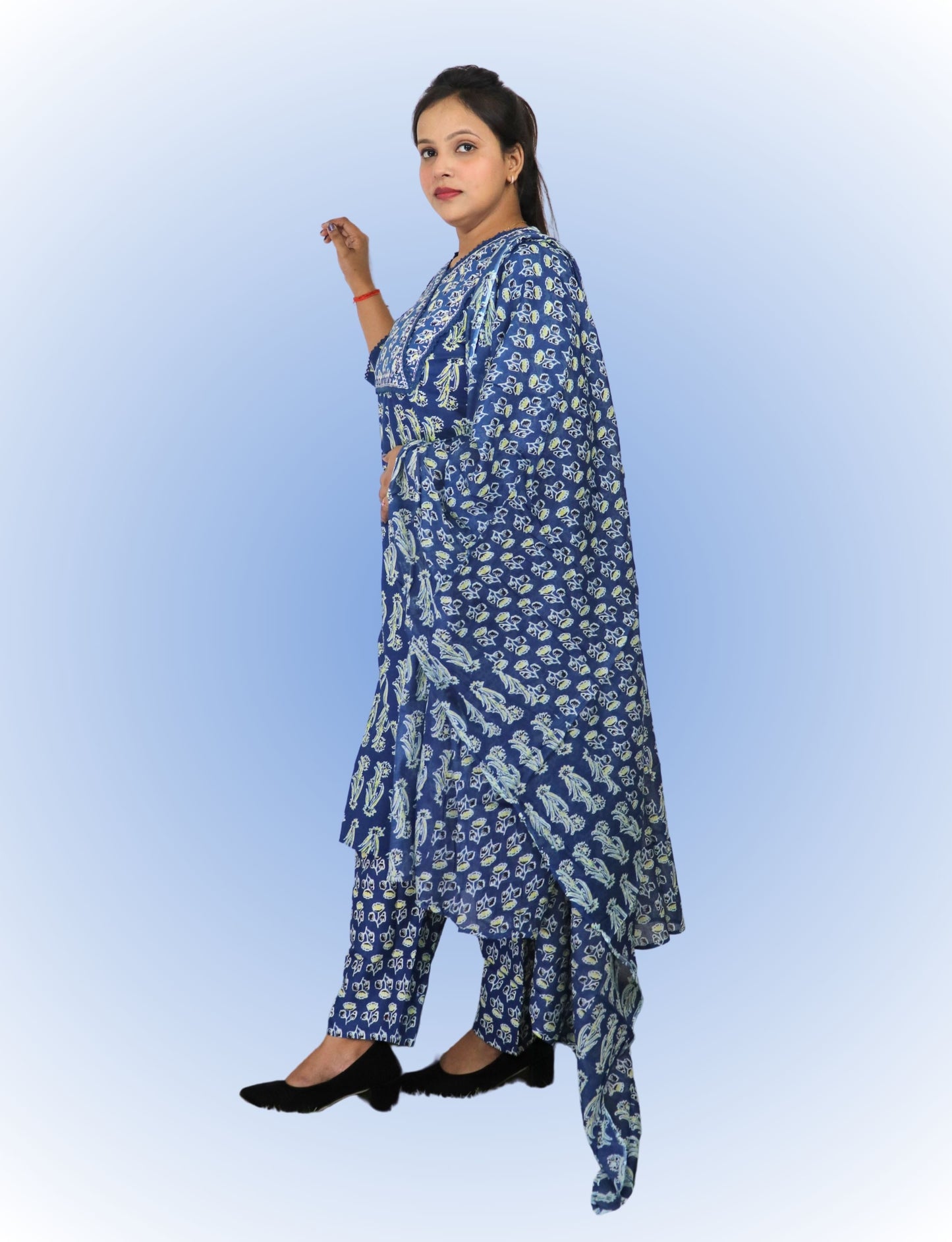 Vedickulture Traditional Cotton Salwar Kameez Set, Blue Block Print, V-Neck, Full Sleeves