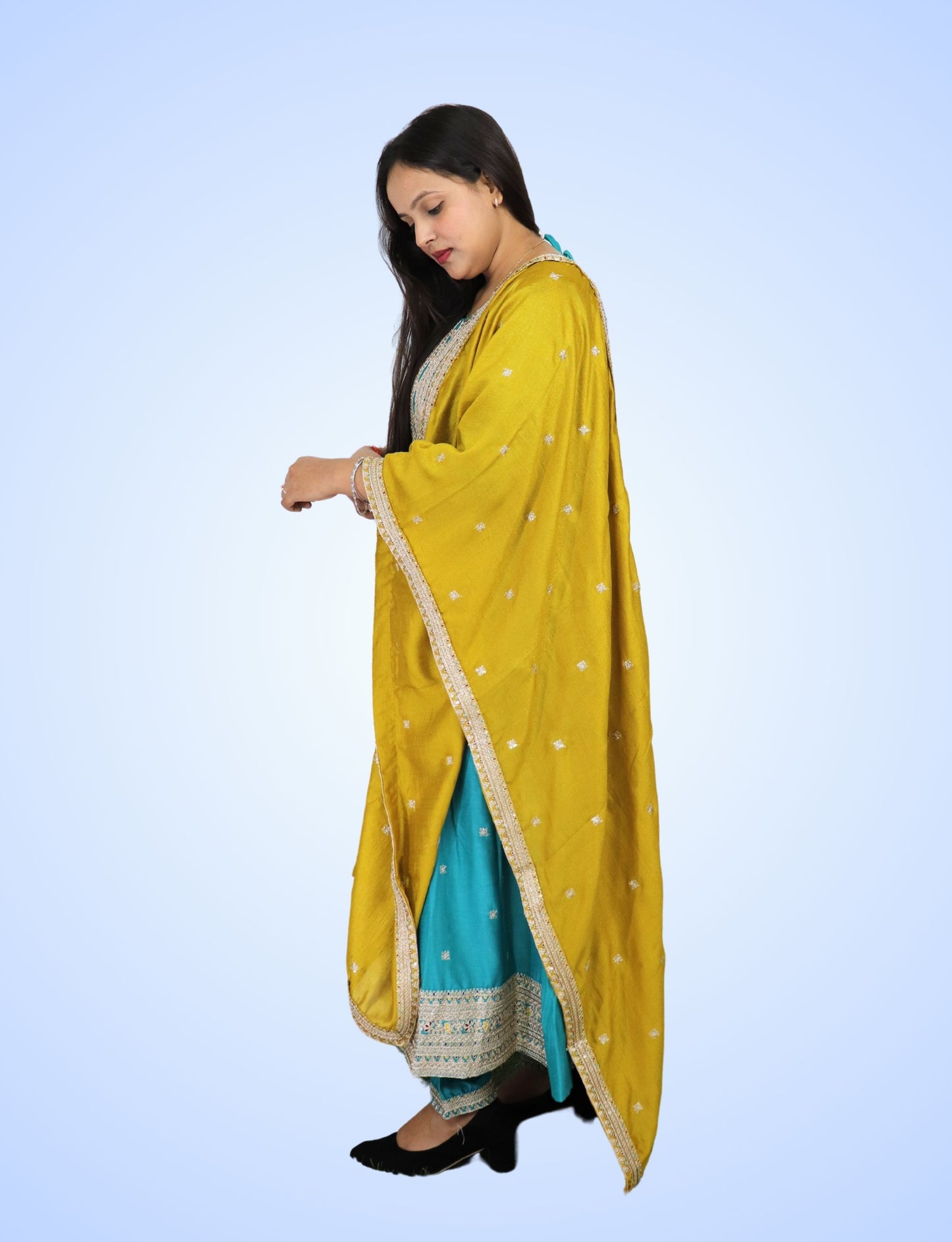 Traditional Turquoise Embroidered Anarkali Suit Set with Yellow Dupatta, 3-Piece Ethnic Wear