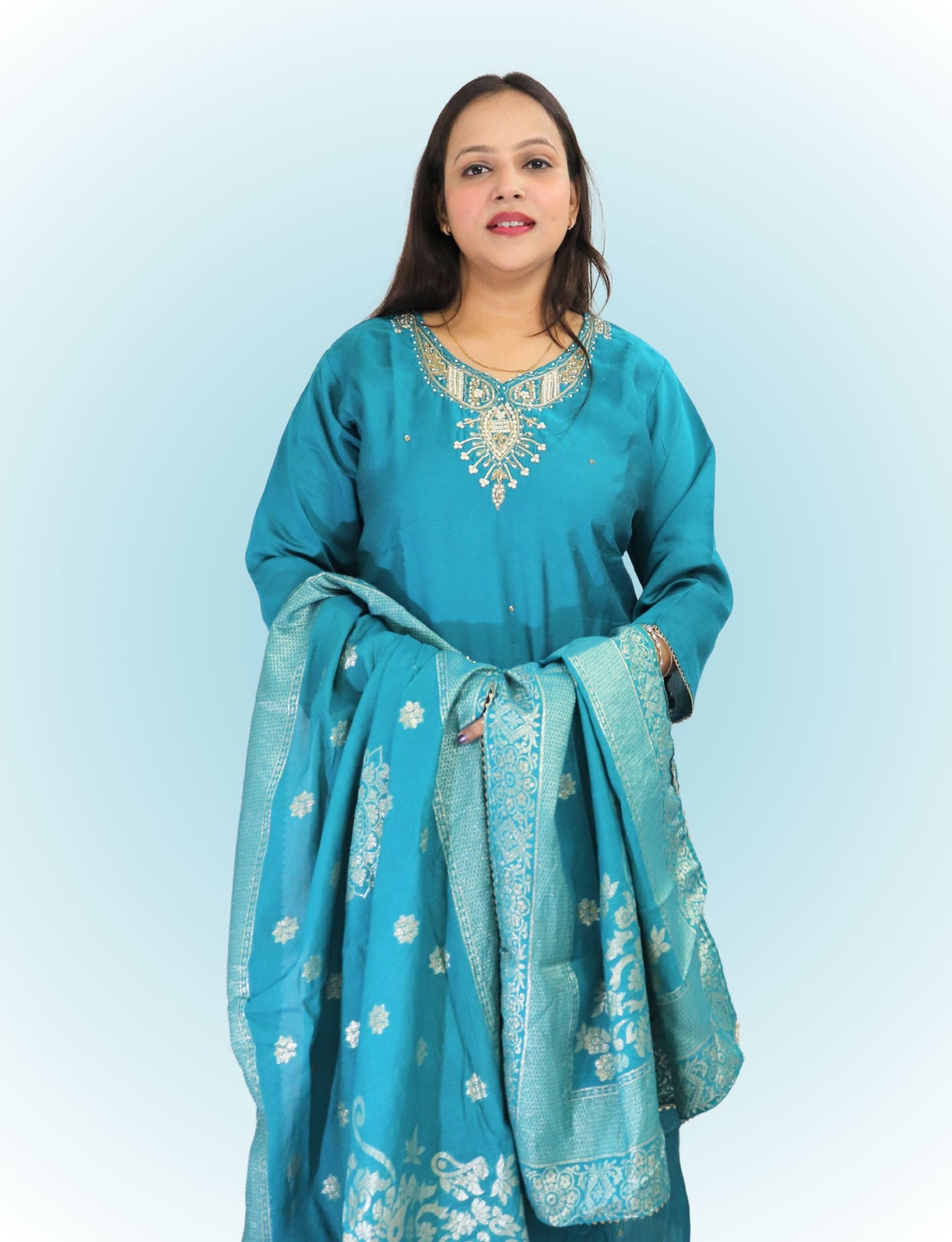 Traditional Turquoise Cotton blend with silk Salwar Suit with Embroidered Dupatta, Full Length