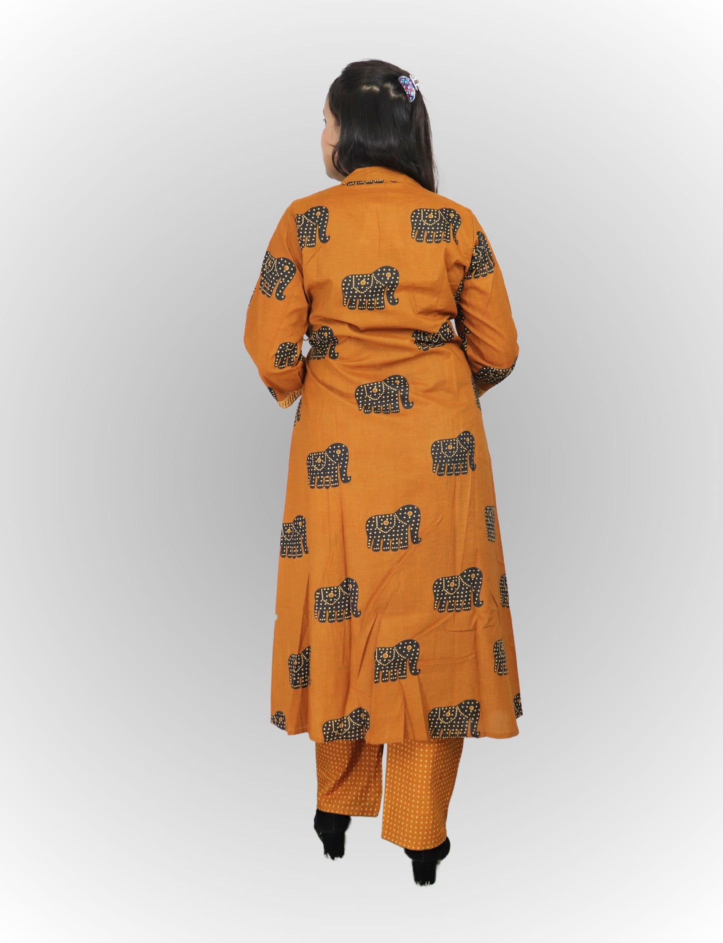 Traditional Elephant Print Angrakha Kurta Set with Pants, Cotton, 3/4 Sleeve