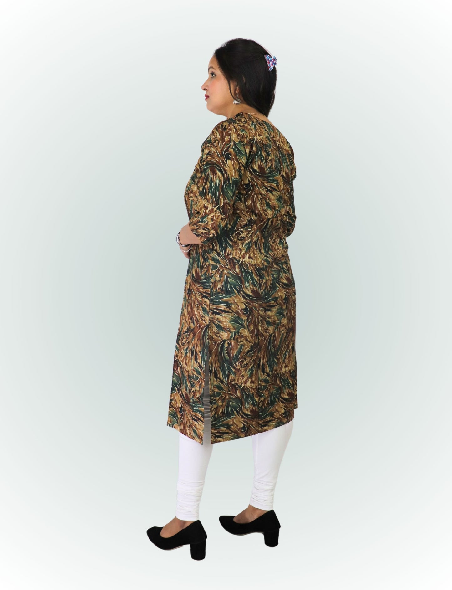 Women's Printed Cotton Kurti, 3/4 Sleeve, Brown and Green Leaf Pattern, Casual Wear