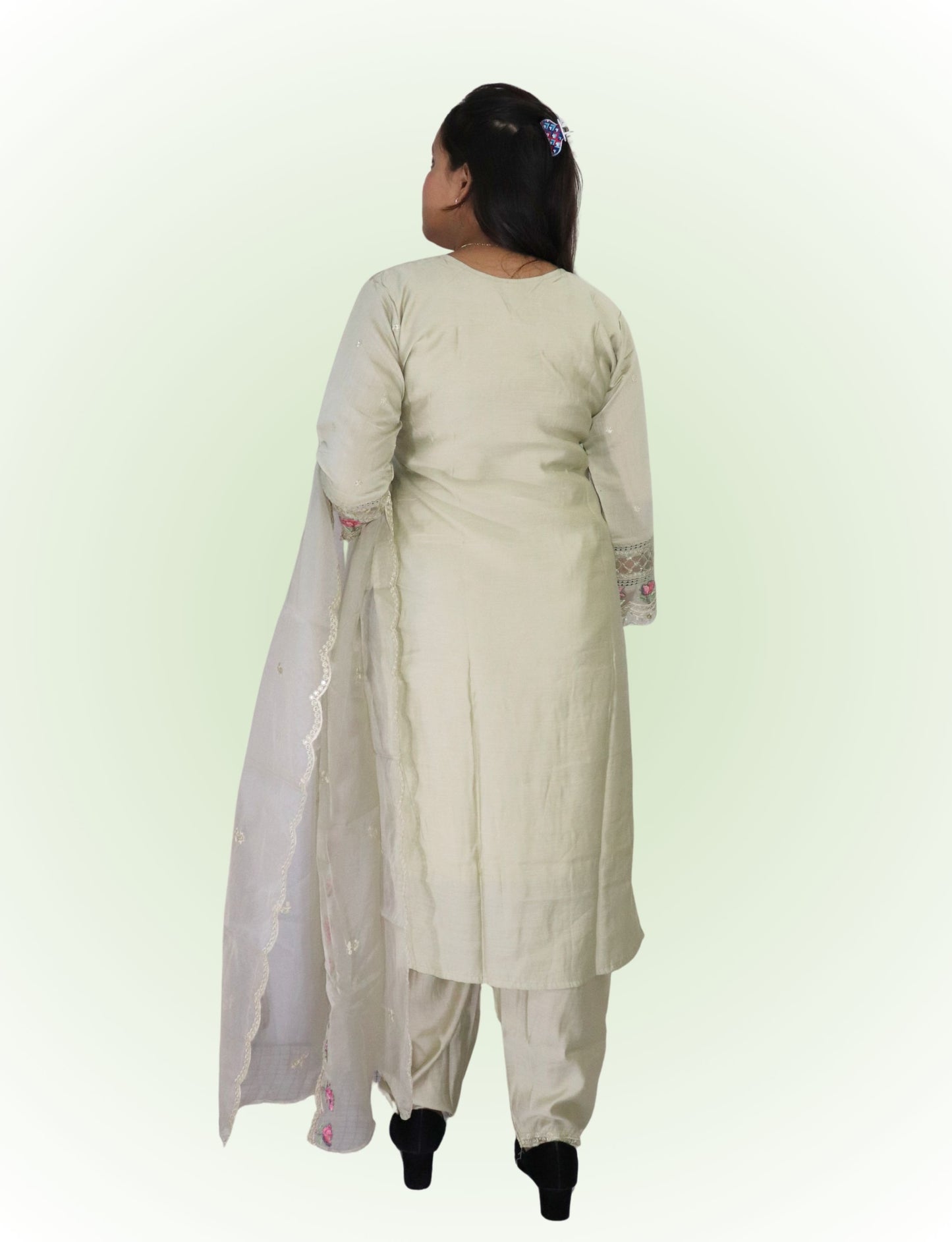Women's Embroidered Cotton Salwar Suit Set, Light Sage Green with Pink Floral Work, 3 Piece