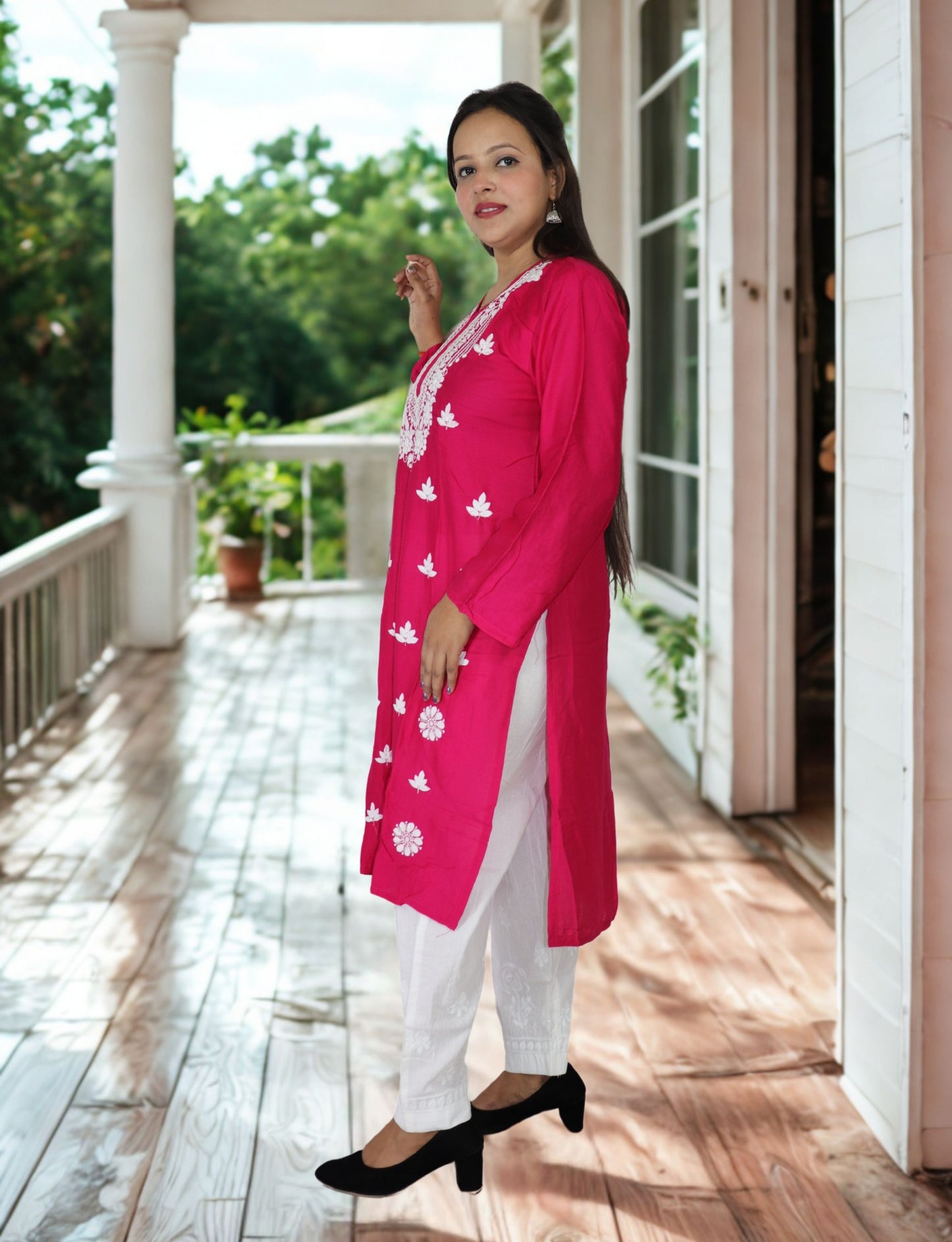 Traditional Embroidered Cotton Kurti, Pink with Floral Design, Long Sleeves
