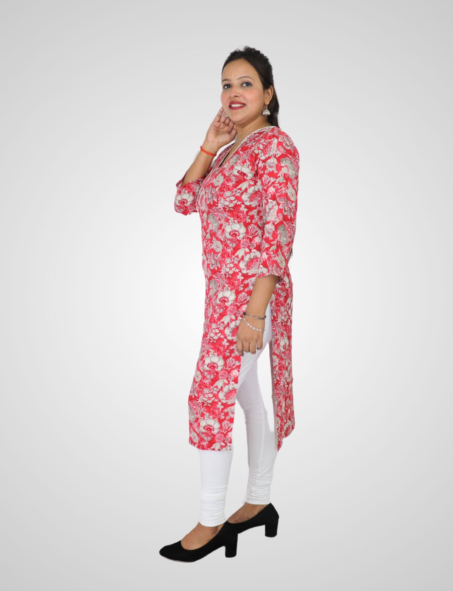 Floral Print Cotton Kurti with Pearl V-Neck, 3/4 Sleeves, Red and Grey, Casual Wear
