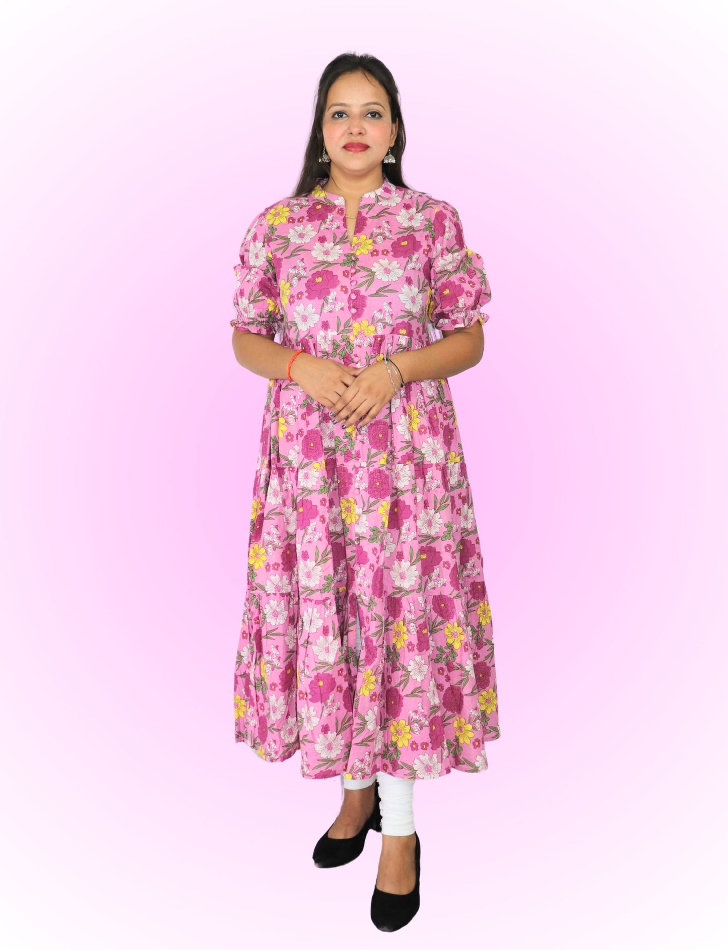Floral Anarkali Kurti with Puff Sleeves, Pink Floral Print, Mandarin Collar, Tiered Design