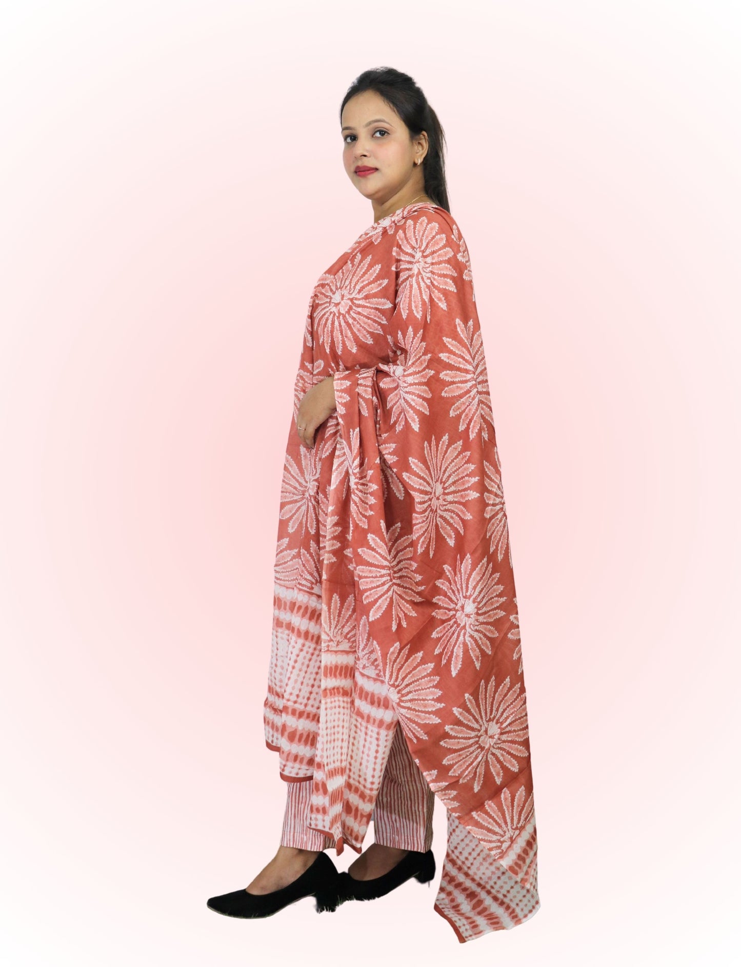 Cotton Printed Salwar Suit Set, Coral Pink Floral Pattern, 3/4 Sleeve Kurta with Salwar and Dupatta