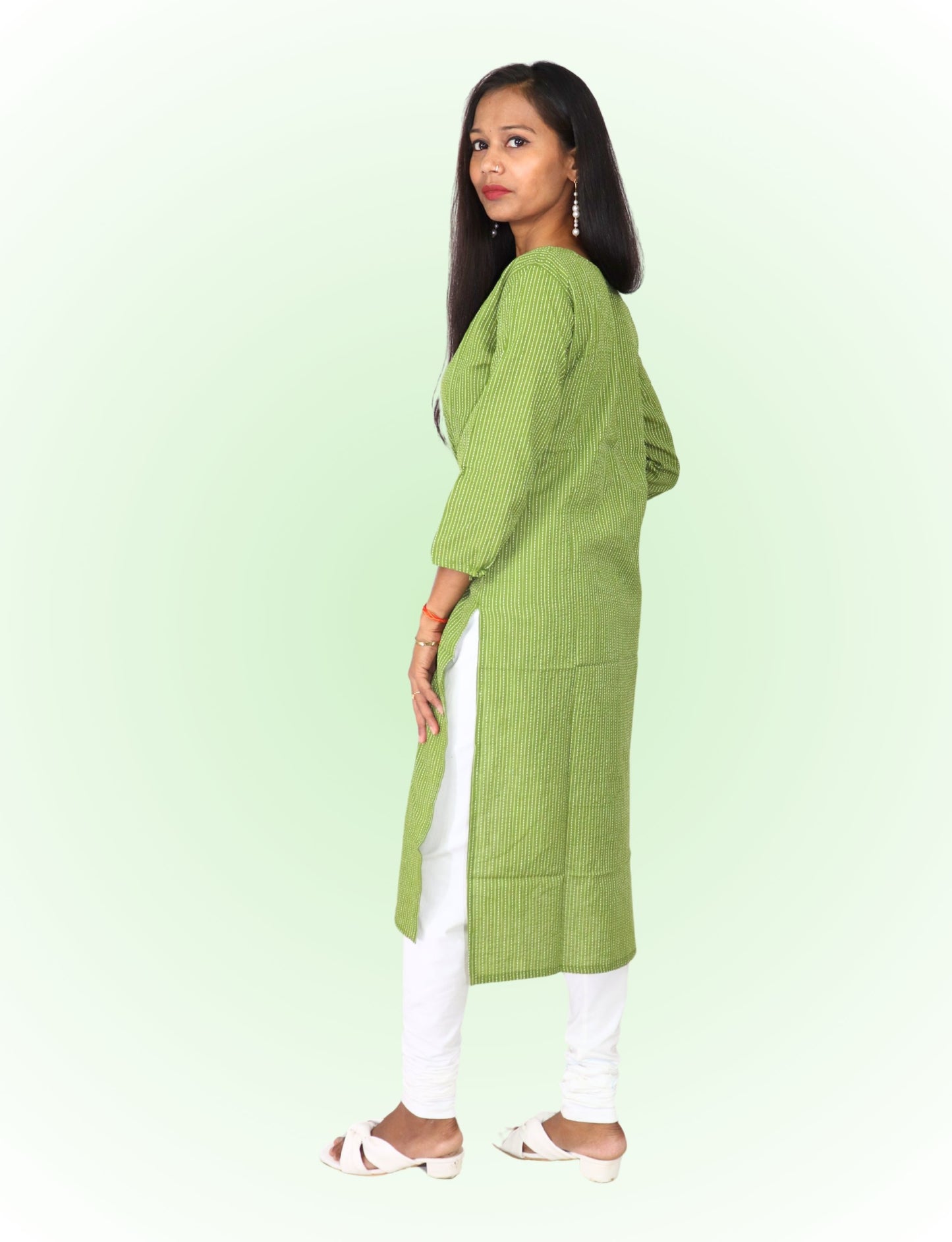 Vedickulture Women's Cotton Kurta with White Trim, Long Sleeve, Green Striped Pattern