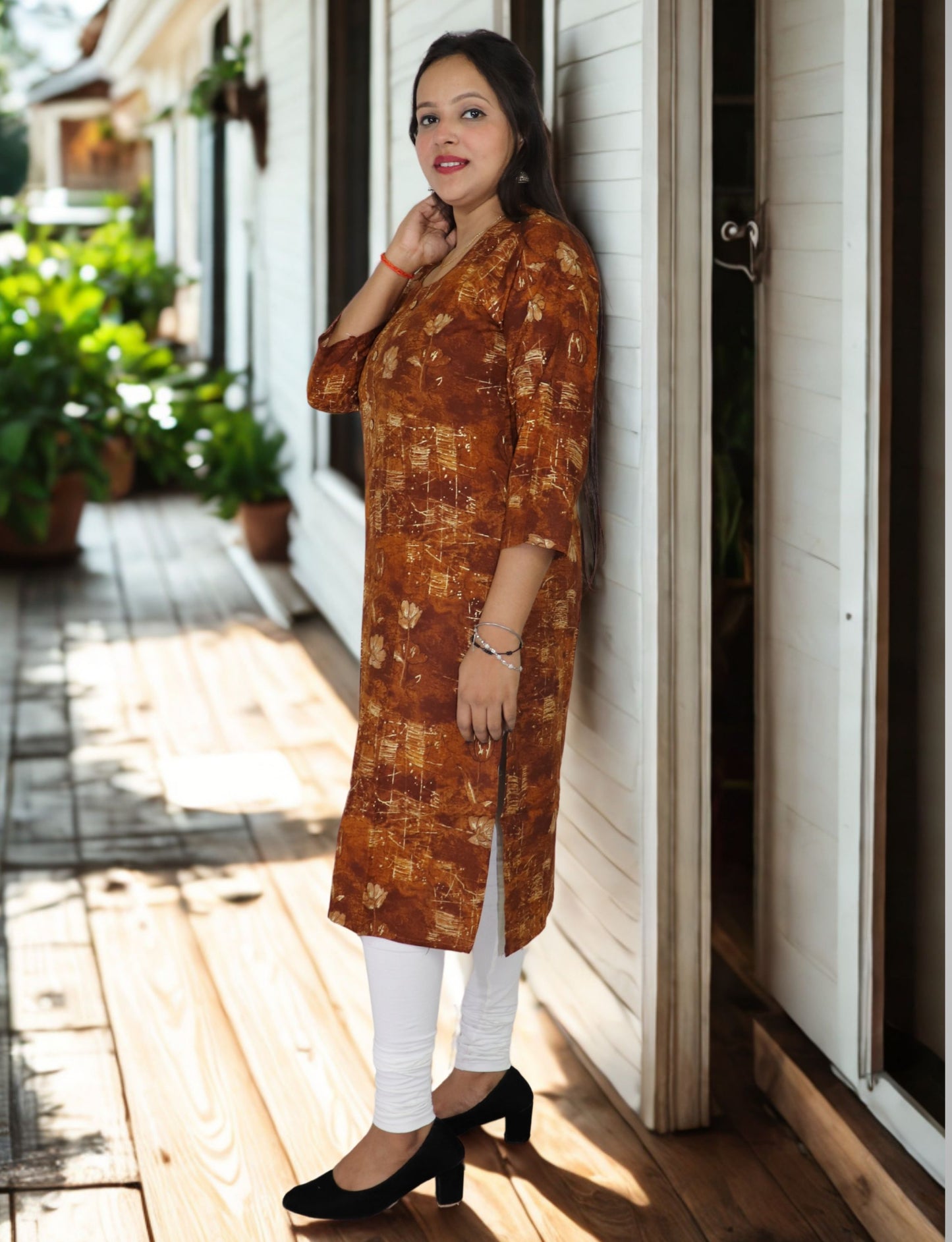 Women's Brown Floral Print Cotton Kurti, 3/4 Sleeve, Button Front, Casual Wear