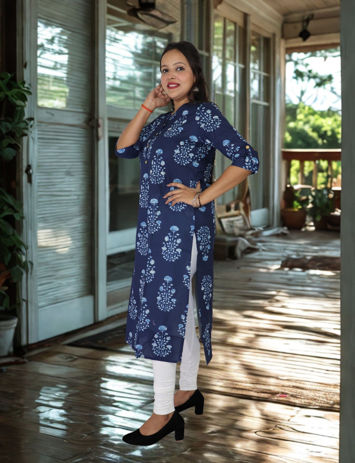 Vedickulture Women's Floral Print Cotton Kurti, Navy Blue with Light Blue Pattern, 3/4 Sleeves, Button Front Search this page