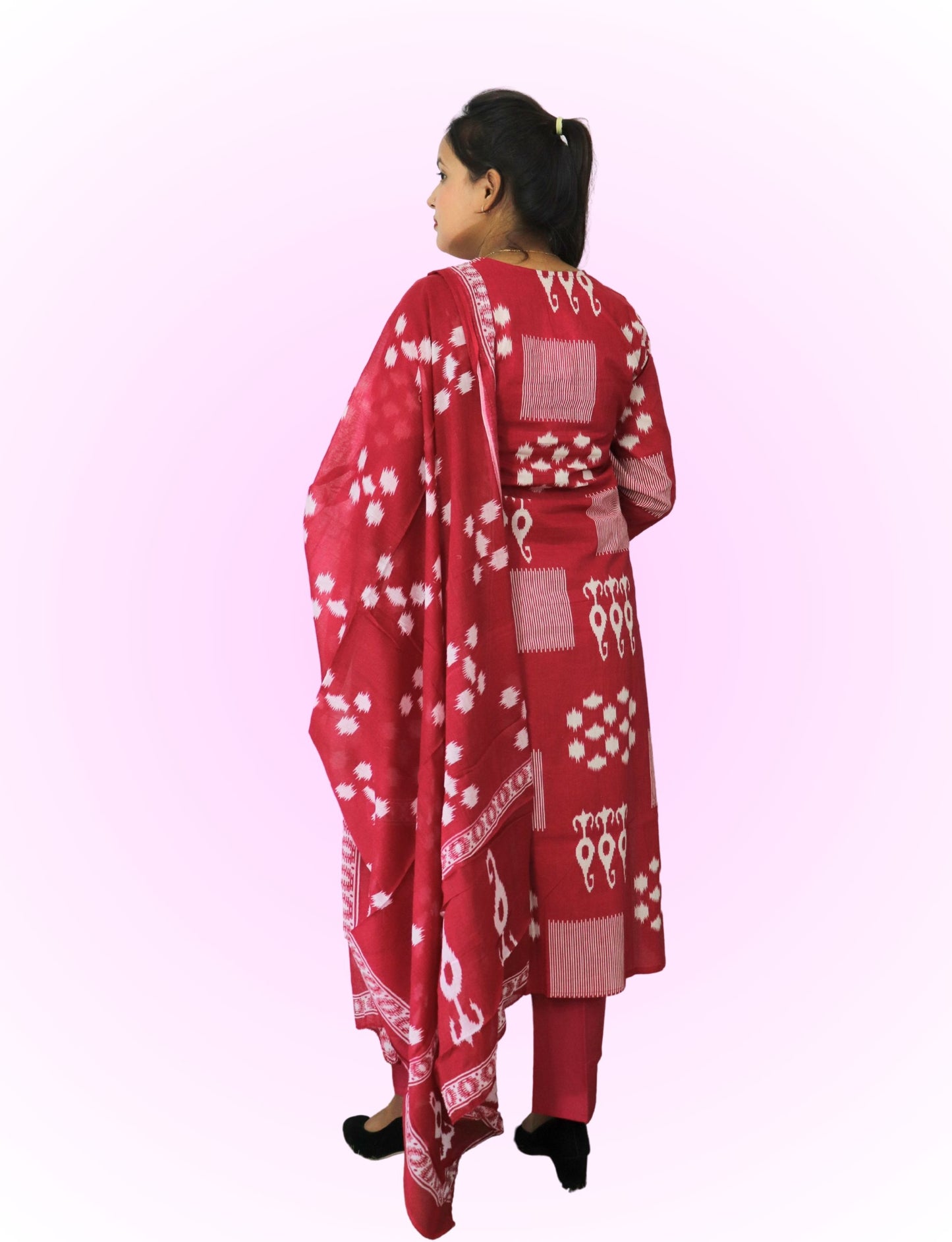 Traditional Salwar Suit Set with Dupatta, Red and White Printed, 3/4 Sleeve