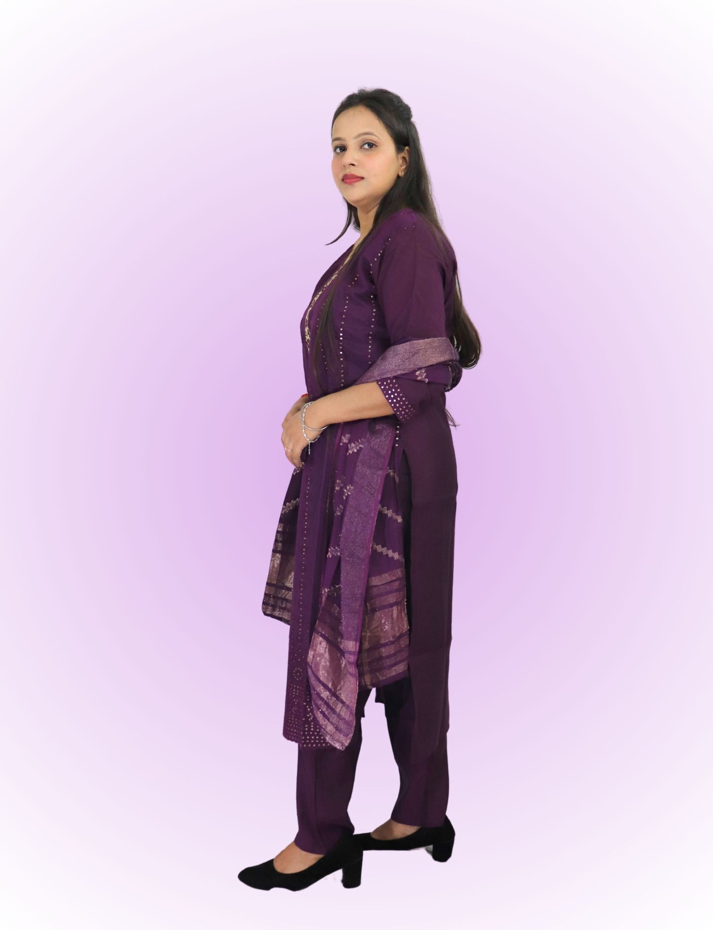 Traditional Purple Cotton Salwar Suit Set with Embroidered Kurta, Salwar and Dupatta