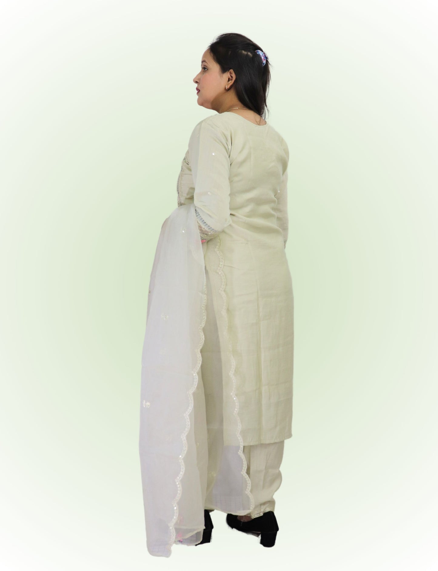 Women's Embroidered Cotton Salwar Suit Set, Light Sage Green with Pink Floral Work, 3 Piece