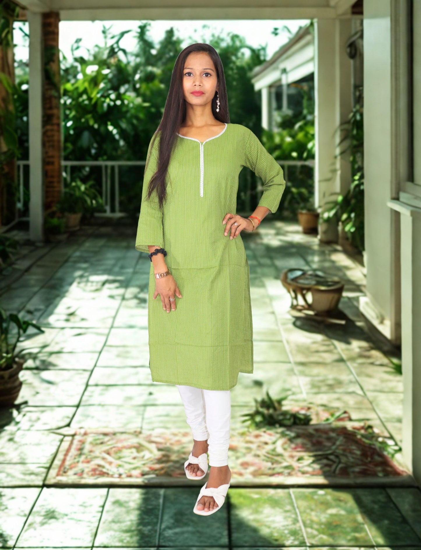 Vedickulture Women's Cotton Kurta with White Trim, Long Sleeve, Green Striped Pattern