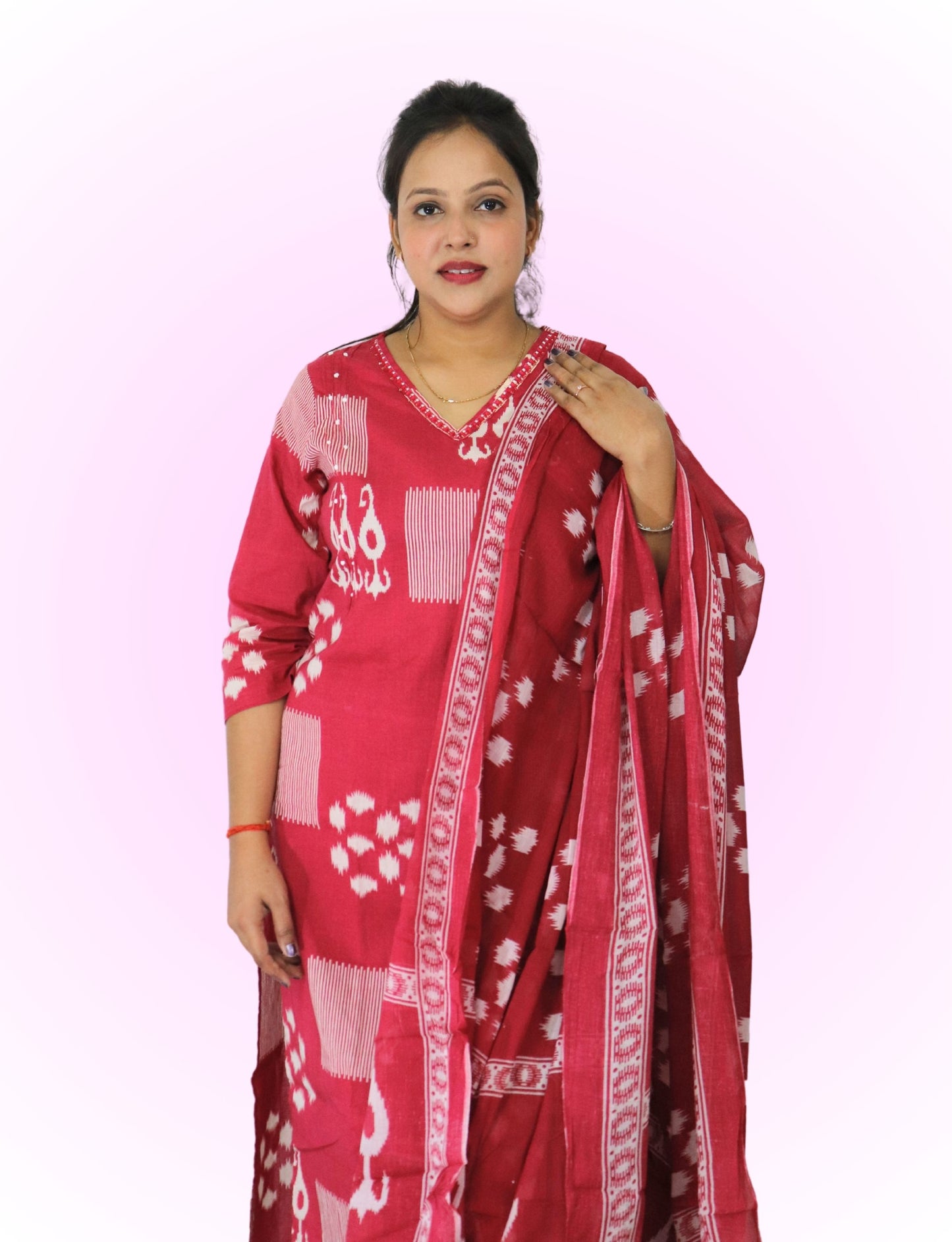 Traditional Salwar Suit Set with Dupatta, Red and White Printed, 3/4 Sleeve