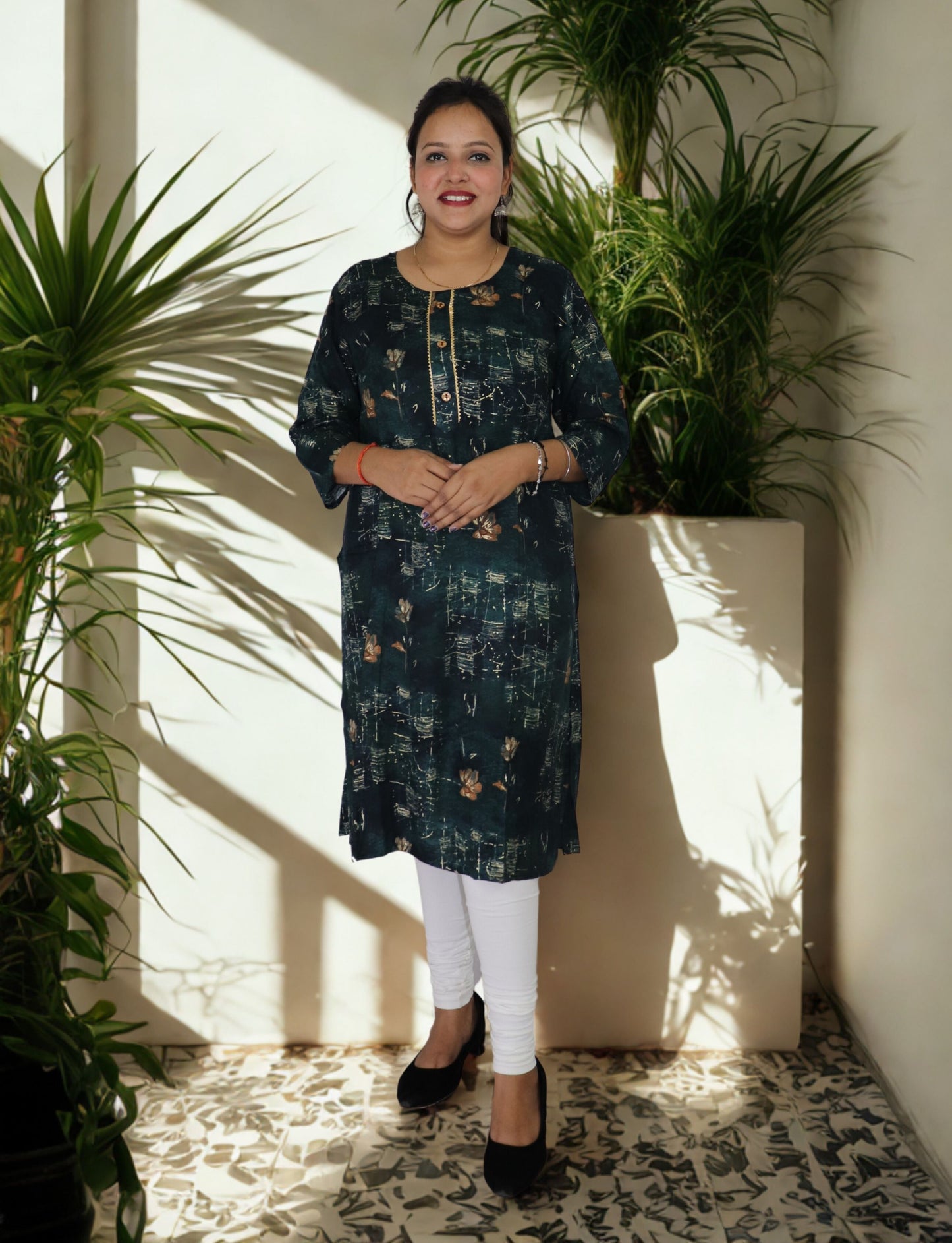 Floral Print Cotton Kurti, Dark Green, 3/4 Sleeve, Button Front, Casual Wear