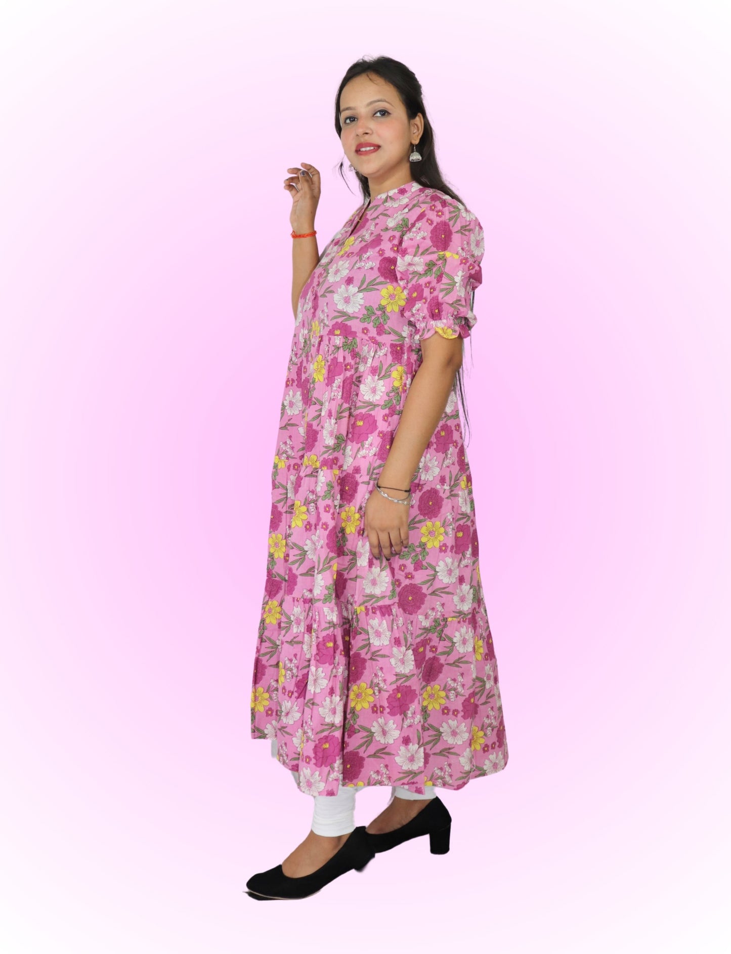 Floral Anarkali Kurti with Puff Sleeves, Pink Floral Print, Mandarin Collar, Tiered Design